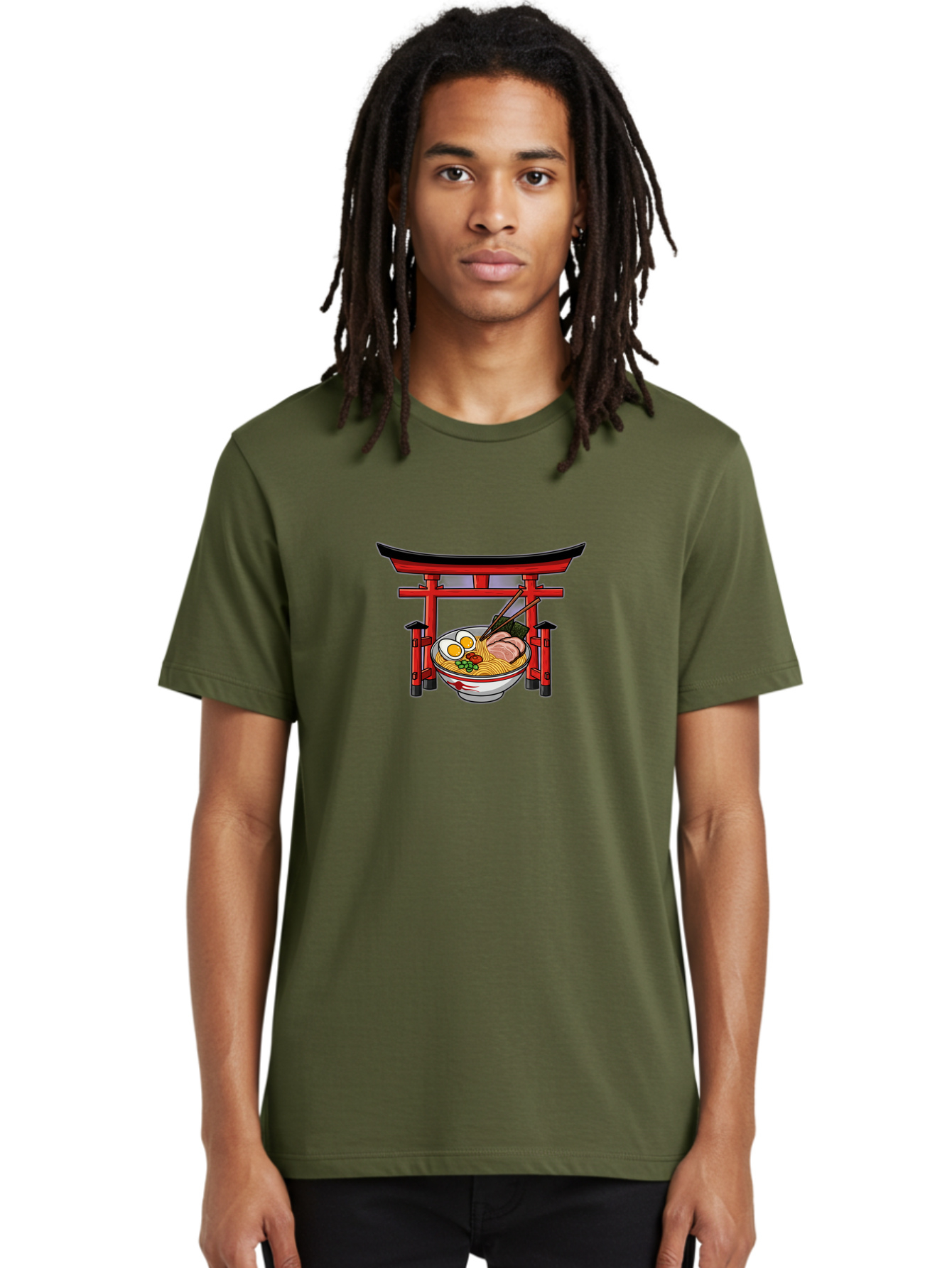 Ramen-And-Torii-Gate Men'S Graphic Tee, 100% Cotton, Comfortable Casual Summer Wear, Machine Washable, Japanese Ramen, Delicious Noodles, Savory Pork, Soft Boiled Egg, Torii Gate, Japanese Culture, Traditional Food, Asian Cuisine, Noodle Soup Bab290 30