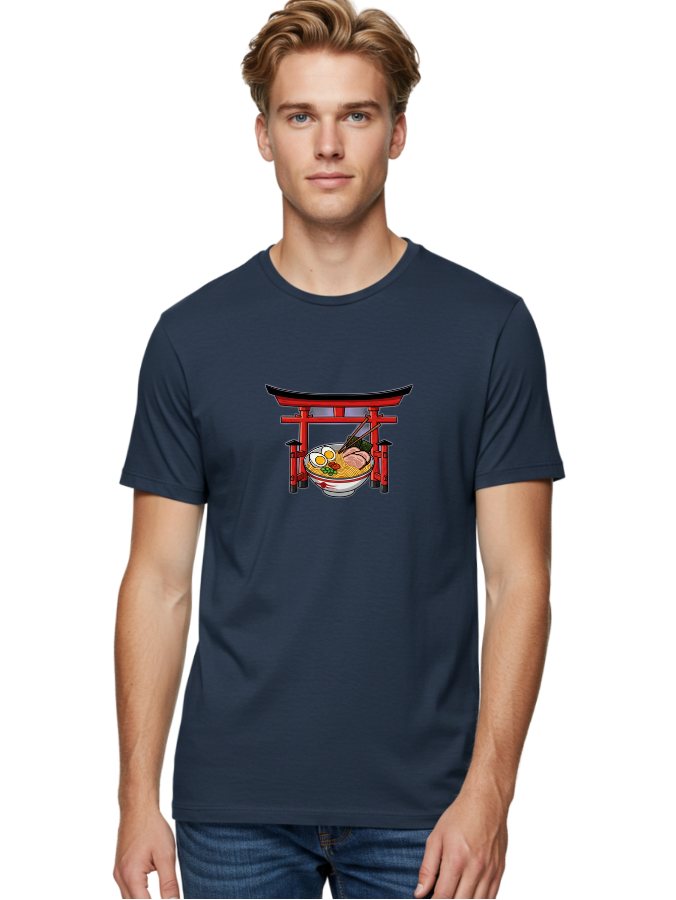 Ramen-And-Torii-Gate Men'S Graphic Tee, 100% Cotton, Comfortable Casual Summer Wear, Machine Washable, Japanese Ramen, Delicious Noodles, Savory Pork, Soft Boiled Egg, Torii Gate, Japanese Culture, Traditional Food, Asian Cuisine, Noodle Soup Bab290 26