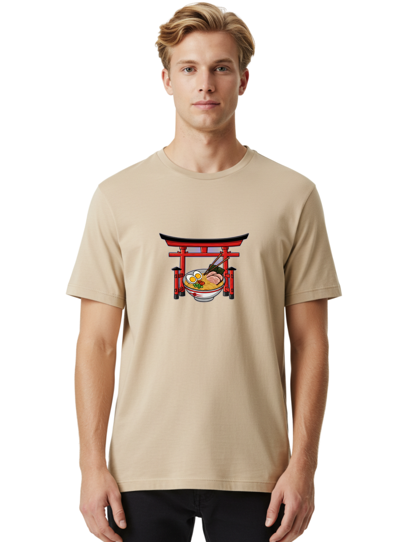 Ramen-And-Torii-Gate Men'S Graphic Tee, 100% Cotton, Comfortable Casual Summer Wear, Machine Washable, Japanese Ramen, Delicious Noodles, Savory Pork, Soft Boiled Egg, Torii Gate, Japanese Culture, Traditional Food, Asian Cuisine, Noodle Soup Bab290