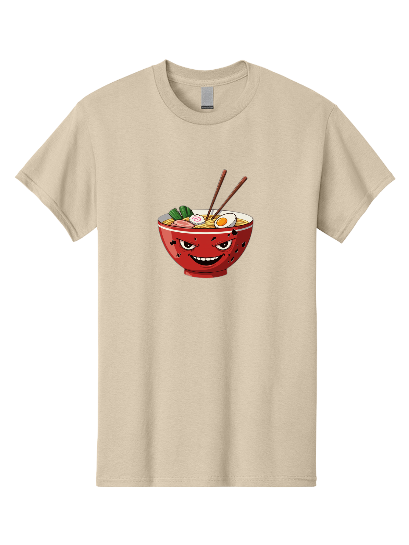 Ramen-Bowl-4 Men'S Graphic Tee, 100% Cotton, Comfortable Casual Summer Wear, Machine Washable, Ramen Bowl, Noodle Soup, Angry Face, Chopsticks, Boiled Egg, Sliced Pork, Green Onions, Cartoon Style, Kawaii, Japanese Cuisine, Comic Character Bab294