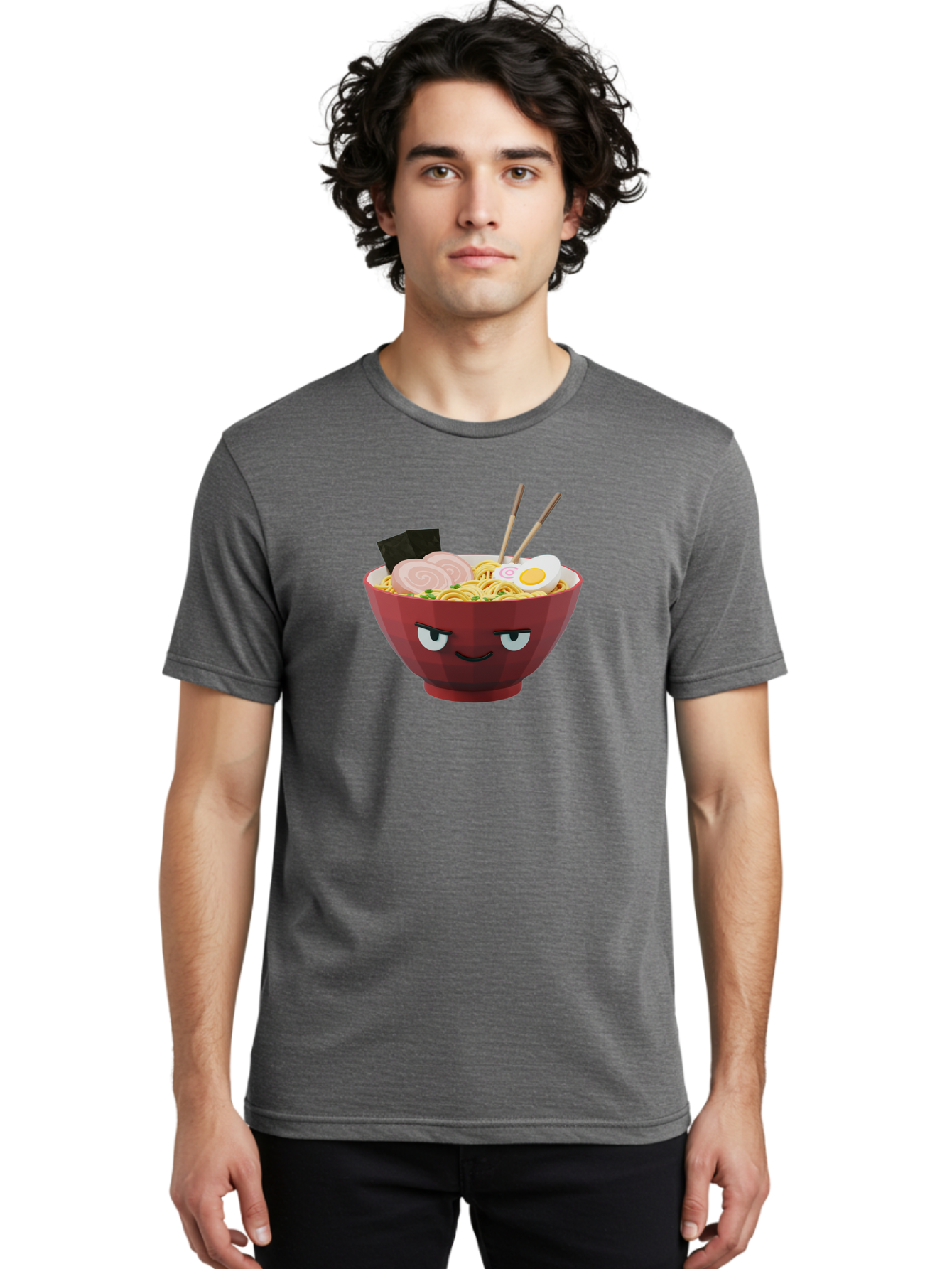Ramen-Bowl-5 Men'S Graphic Tee, 100% Cotton, Comfortable Casual Summer Wear, Machine Washable, Cartoon Ramen Bowl, Angry Face, Ramen Noodles, Egg, Ham, Chopsticks, Japanese Food, Kawaii Style, Cartoon Character, Noodle Soup, Anime-Inspired Bab295 10