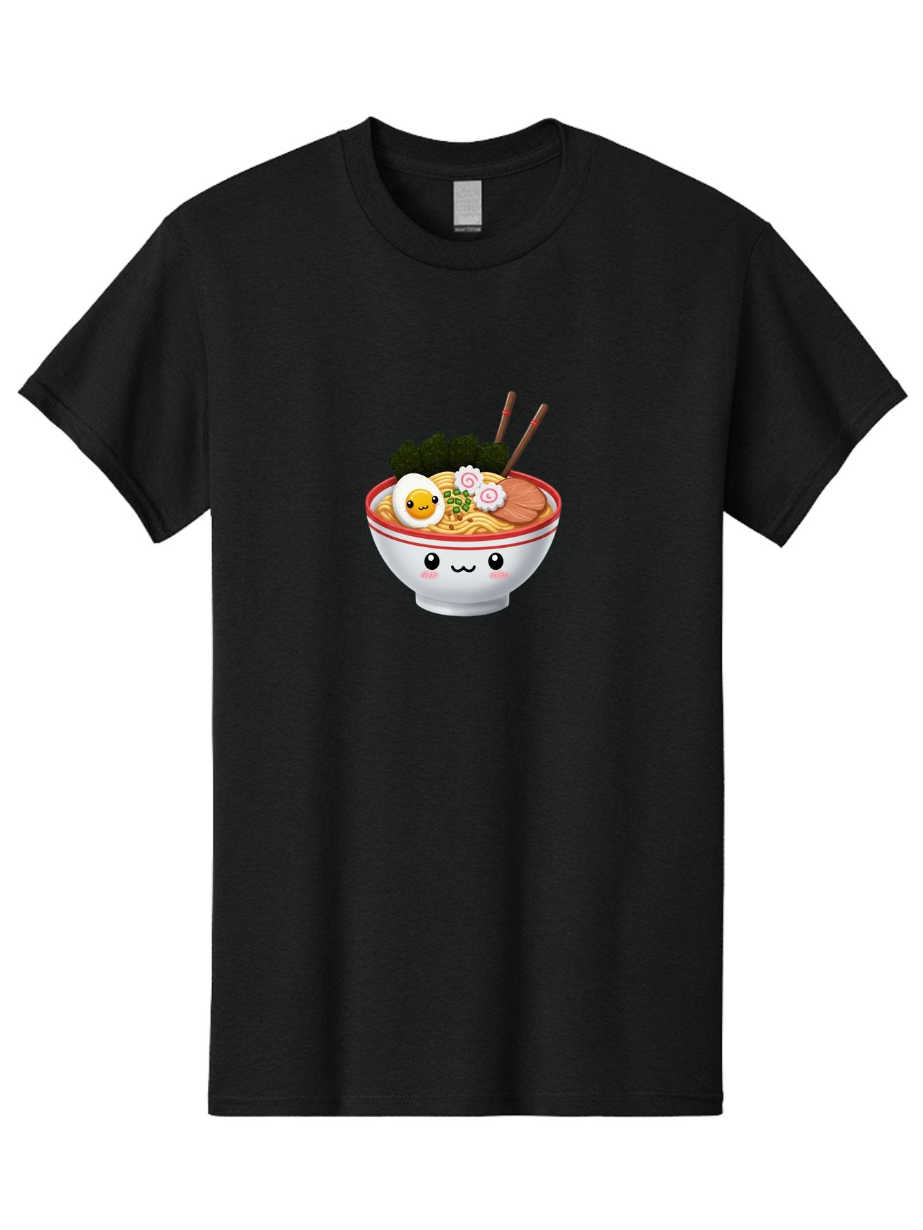 Ramen-Bowl-7 Men'S Graphic Tee, 100% Cotton, Comfortable Casual Summer Wear, Machine Washable, Ramen Noodles, Steaming Bowl, Egg, Seaweed, Narutomaki, Chopsticks, Happy Face, Cartoon Style, Japanese Cuisine, Kawaii Food, Noodle Soup, Bab297 9