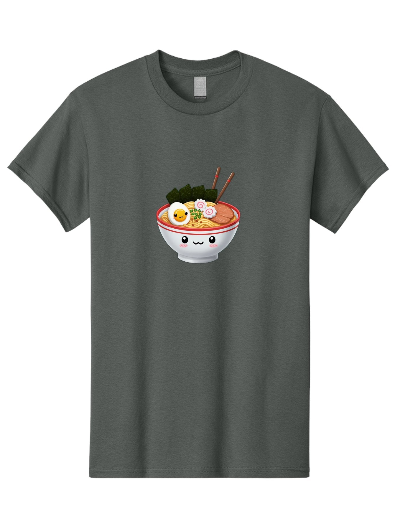 Ramen-Bowl-7 Men'S Graphic Tee, 100% Cotton, Comfortable Casual Summer Wear, Machine Washable, Ramen Noodles, Steaming Bowl, Egg, Seaweed, Narutomaki, Chopsticks, Happy Face, Cartoon Style, Japanese Cuisine, Kawaii Food, Noodle Soup, Bab297