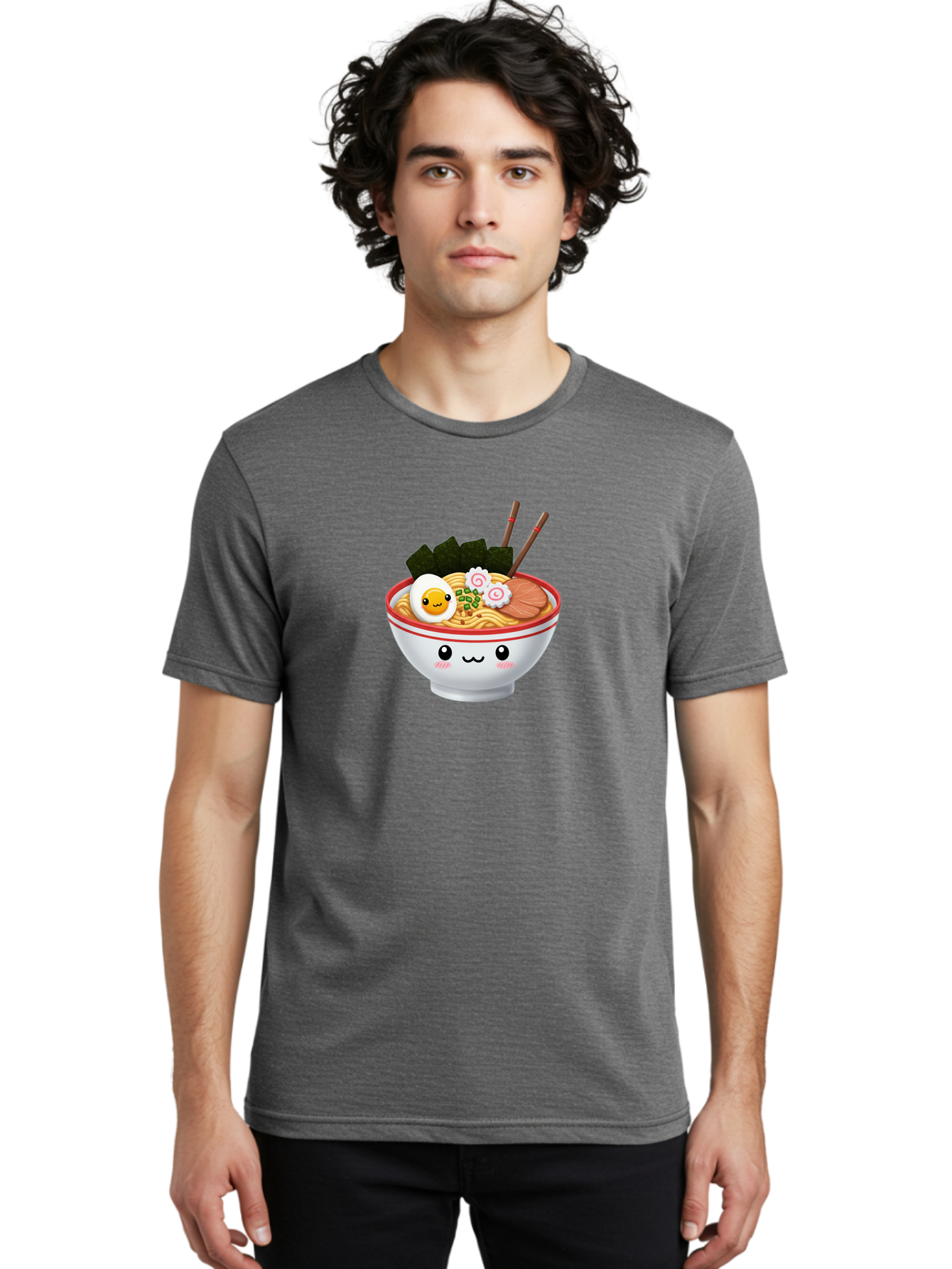 Ramen-Bowl-7 Men'S Graphic Tee, 100% Cotton, Comfortable Casual Summer Wear, Machine Washable, Ramen Noodles, Steaming Bowl, Egg, Seaweed, Narutomaki, Chopsticks, Happy Face, Cartoon Style, Japanese Cuisine, Kawaii Food, Noodle Soup, Bab297 14