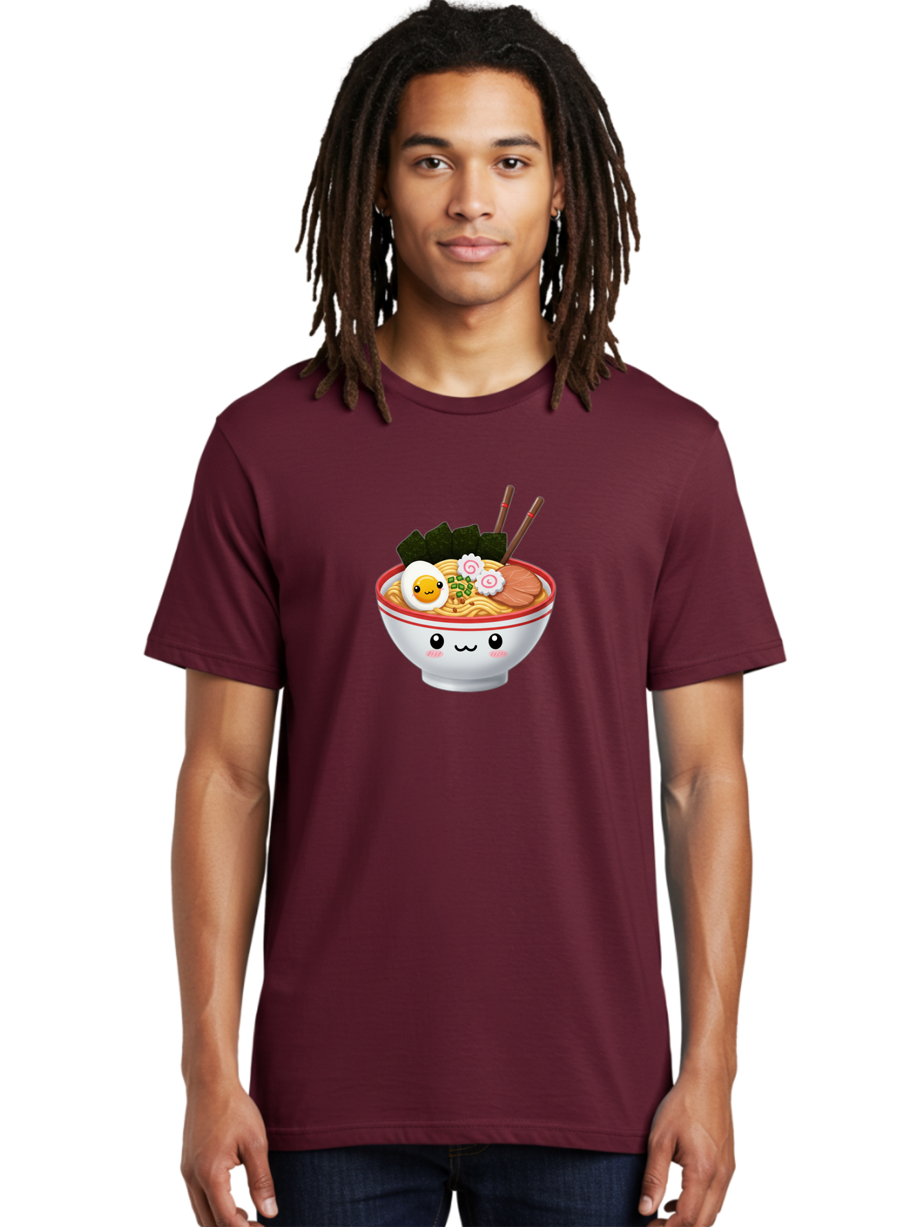 Ramen-Bowl-7 Men'S Graphic Tee, 100% Cotton, Comfortable Casual Summer Wear, Machine Washable, Ramen Noodles, Steaming Bowl, Egg, Seaweed, Narutomaki, Chopsticks, Happy Face, Cartoon Style, Japanese Cuisine, Kawaii Food, Noodle Soup, Bab297