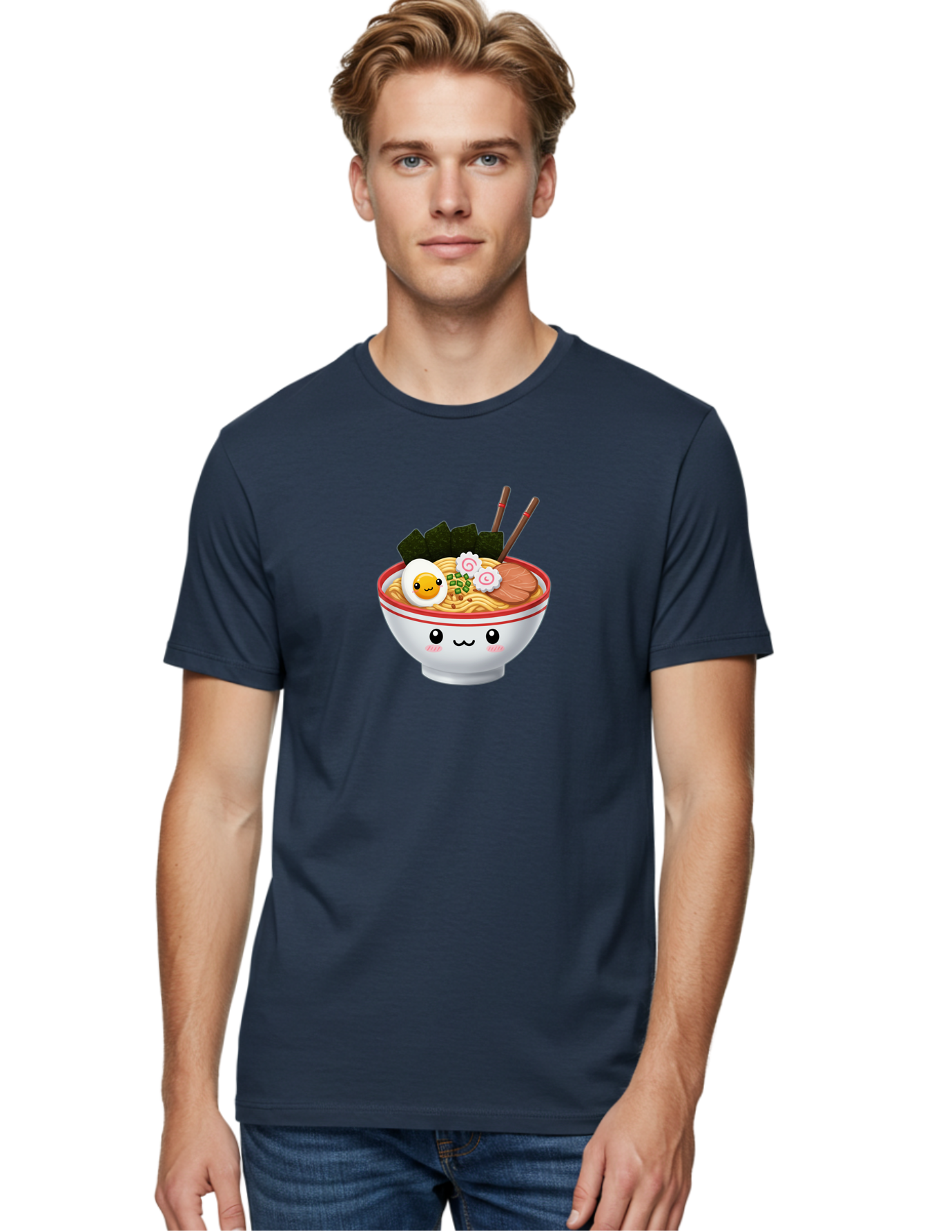 Ramen-Bowl-7 Men'S Graphic Tee, 100% Cotton, Comfortable Casual Summer Wear, Machine Washable, Ramen Noodles, Steaming Bowl, Egg, Seaweed, Narutomaki, Chopsticks, Happy Face, Cartoon Style, Japanese Cuisine, Kawaii Food, Noodle Soup, Bab297 28