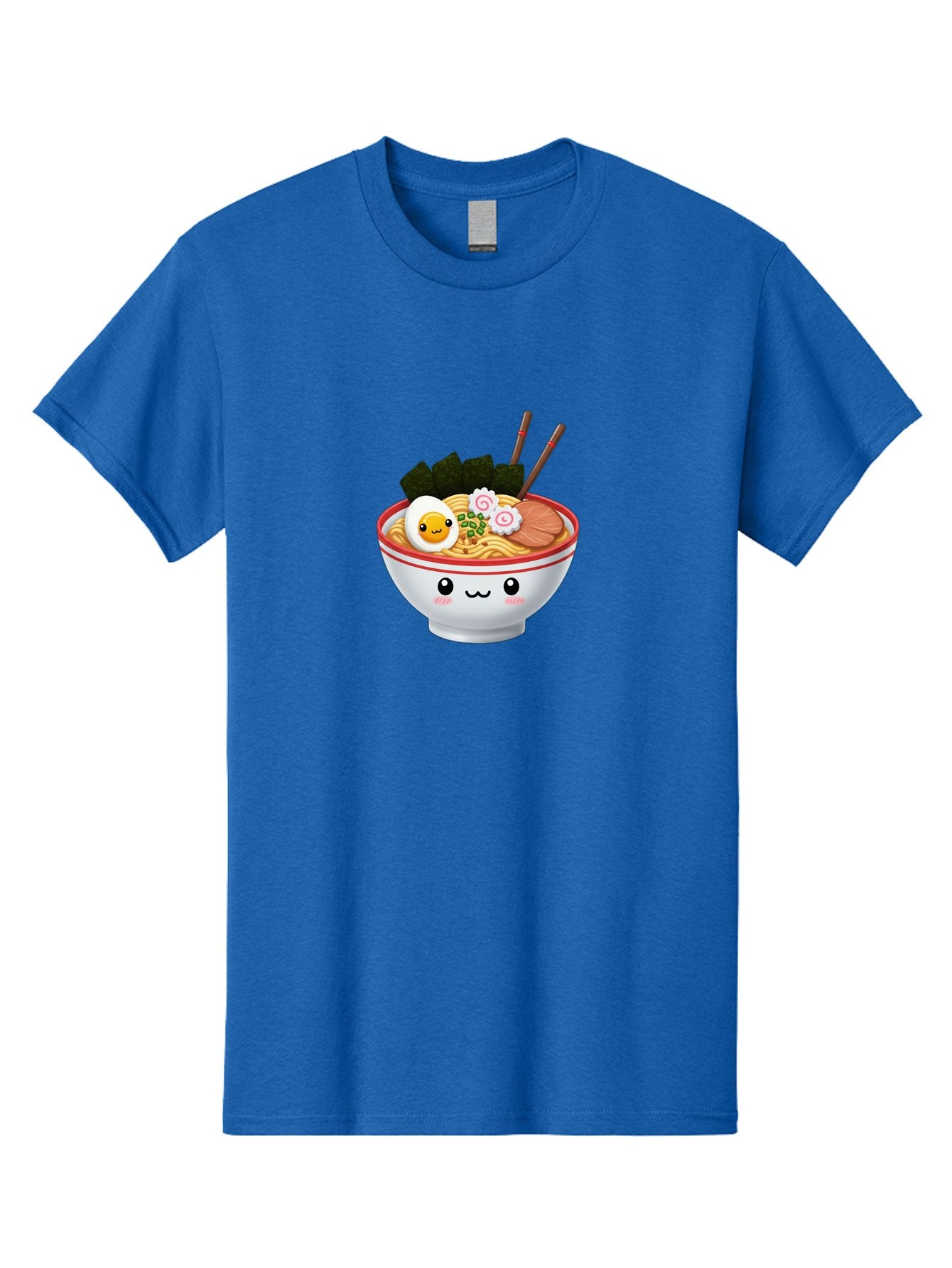 Ramen-Bowl-7 Men'S Graphic Tee, 100% Cotton, Comfortable Casual Summer Wear, Machine Washable, Ramen Noodles, Steaming Bowl, Egg, Seaweed, Narutomaki, Chopsticks, Happy Face, Cartoon Style, Japanese Cuisine, Kawaii Food, Noodle Soup, Bab297