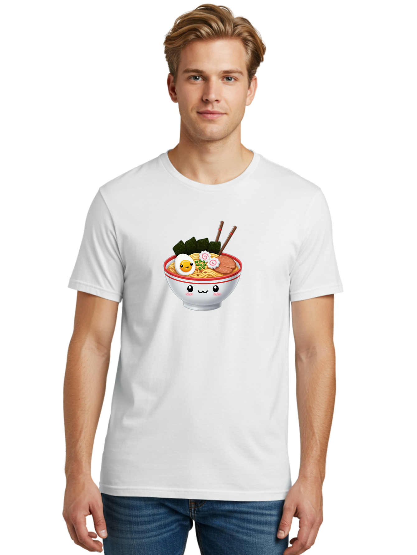 Ramen-Bowl-7 Men'S Graphic Tee, 100% Cotton, Comfortable Casual Summer Wear, Machine Washable, Ramen Noodles, Steaming Bowl, Egg, Seaweed, Narutomaki, Chopsticks, Happy Face, Cartoon Style, Japanese Cuisine, Kawaii Food, Noodle Soup, Bab297 8