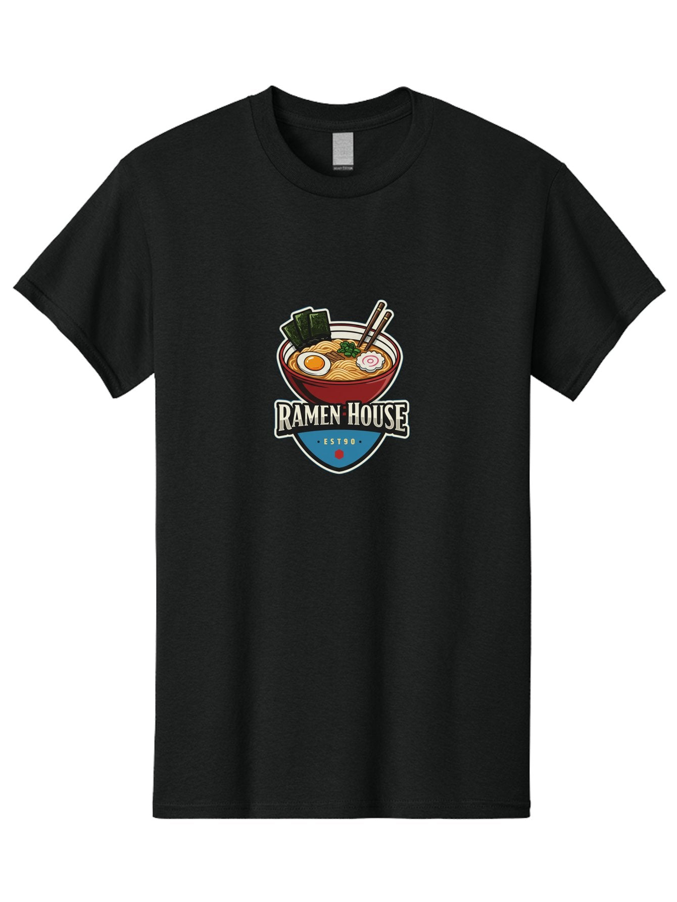 Ramen-House Men'S Graphic Tee, 100% Cotton, Comfortable Casual Summer Wear, Machine Washable, Ramen Bowl, Noodle Soup, Egg, Seaweed, Chopsticks, Japanese Cuisine, Asian Food, Ramen House, Est90, Food Logo, Restaurant Branding Bab301 14