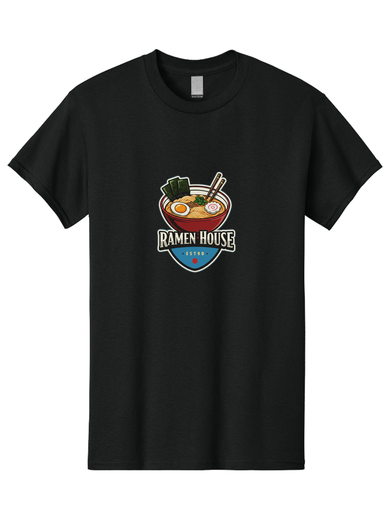 Ramen-House Men'S Graphic Tee, 100% Cotton, Comfortable Casual Summer Wear, Machine Washable, Ramen Bowl, Noodle Soup, Egg, Seaweed, Chopsticks, Japanese Cuisine, Asian Food, Ramen House, Est90, Food Logo, Restaurant Branding Bab301 3