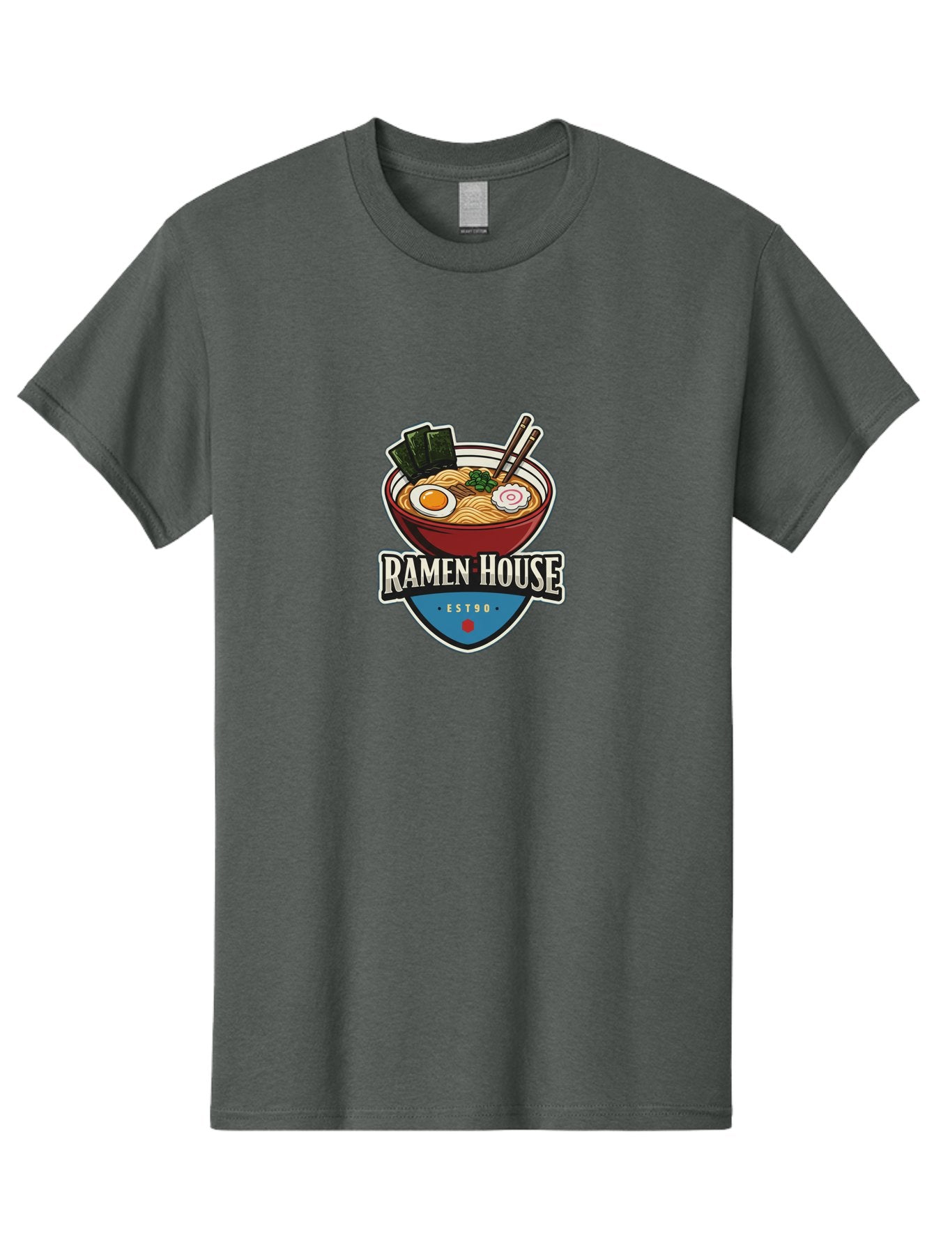 Ramen-House Men'S Graphic Tee, 100% Cotton, Comfortable Casual Summer Wear, Machine Washable, Ramen Bowl, Noodle Soup, Egg, Seaweed, Chopsticks, Japanese Cuisine, Asian Food, Ramen House, Est90, Food Logo, Restaurant Branding Bab301 15