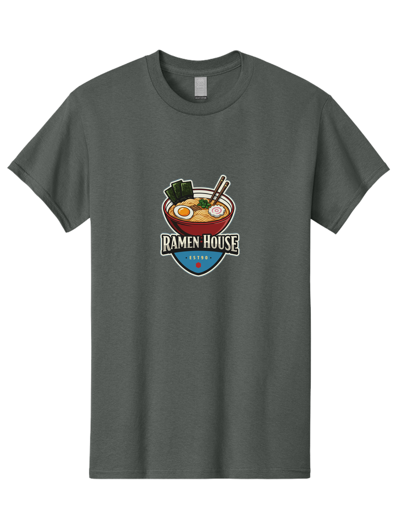 Ramen-House Men'S Graphic Tee, 100% Cotton, Comfortable Casual Summer Wear, Machine Washable, Ramen Bowl, Noodle Soup, Egg, Seaweed, Chopsticks, Japanese Cuisine, Asian Food, Ramen House, Est90, Food Logo, Restaurant Branding Bab301