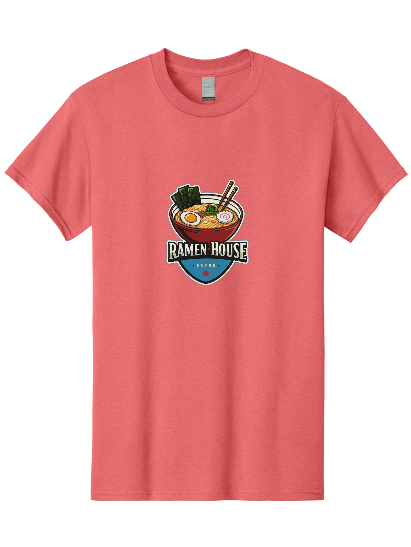 Ramen-House Men'S Graphic Tee, 100% Cotton, Comfortable Casual Summer Wear, Machine Washable, Ramen Bowl, Noodle Soup, Egg, Seaweed, Chopsticks, Japanese Cuisine, Asian Food, Ramen House, Est90, Food Logo, Restaurant Branding Bab301 15