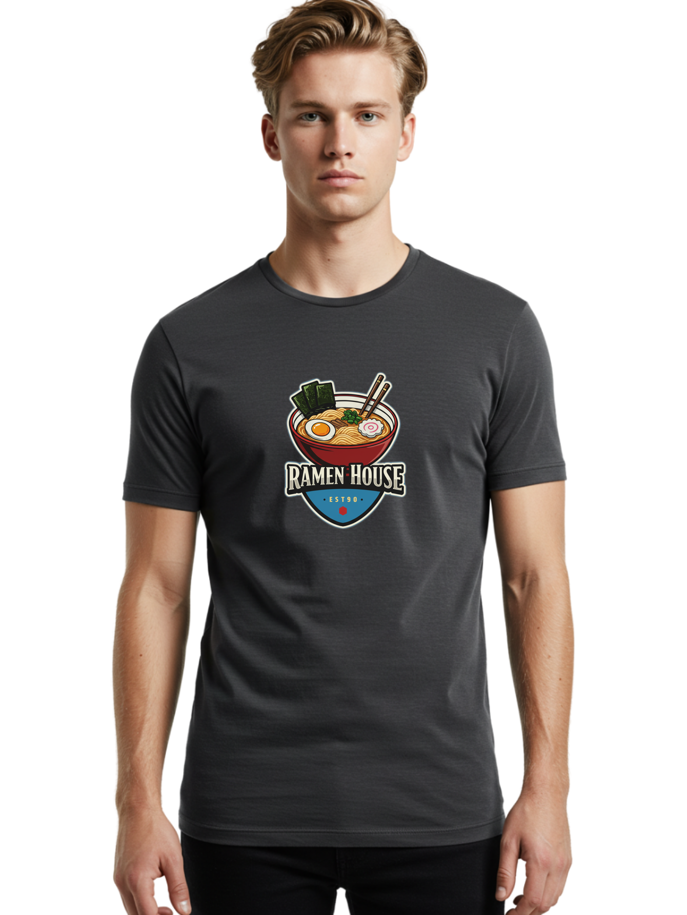 Ramen-House Men'S Graphic Tee, 100% Cotton, Comfortable Casual Summer Wear, Machine Washable, Ramen Bowl, Noodle Soup, Egg, Seaweed, Chopsticks, Japanese Cuisine, Asian Food, Ramen House, Est90, Food Logo, Restaurant Branding Bab301 28