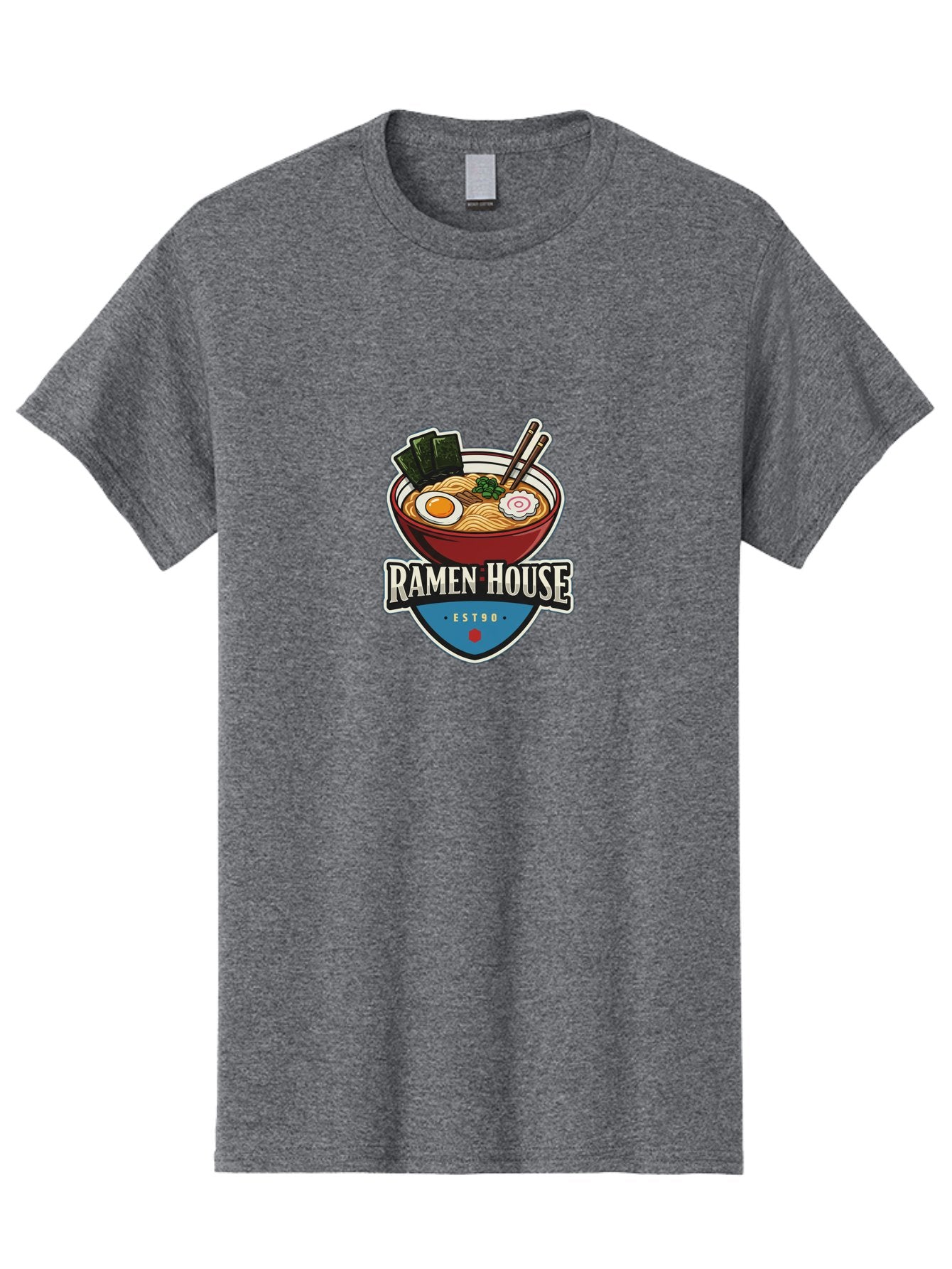 Ramen-House Men'S Graphic Tee, 100% Cotton, Comfortable Casual Summer Wear, Machine Washable, Ramen Bowl, Noodle Soup, Egg, Seaweed, Chopsticks, Japanese Cuisine, Asian Food, Ramen House, Est90, Food Logo, Restaurant Branding Bab301 12