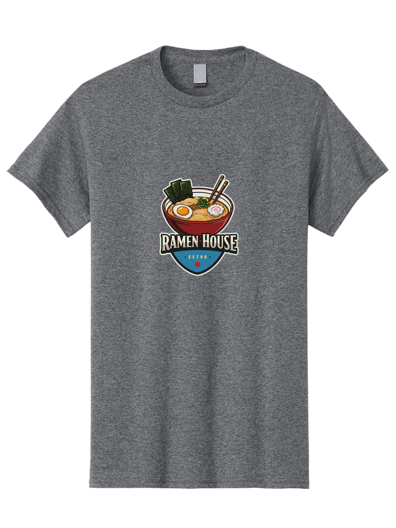 Ramen-House Men'S Graphic Tee, 100% Cotton, Comfortable Casual Summer Wear, Machine Washable, Ramen Bowl, Noodle Soup, Egg, Seaweed, Chopsticks, Japanese Cuisine, Asian Food, Ramen House, Est90, Food Logo, Restaurant Branding Bab301 5