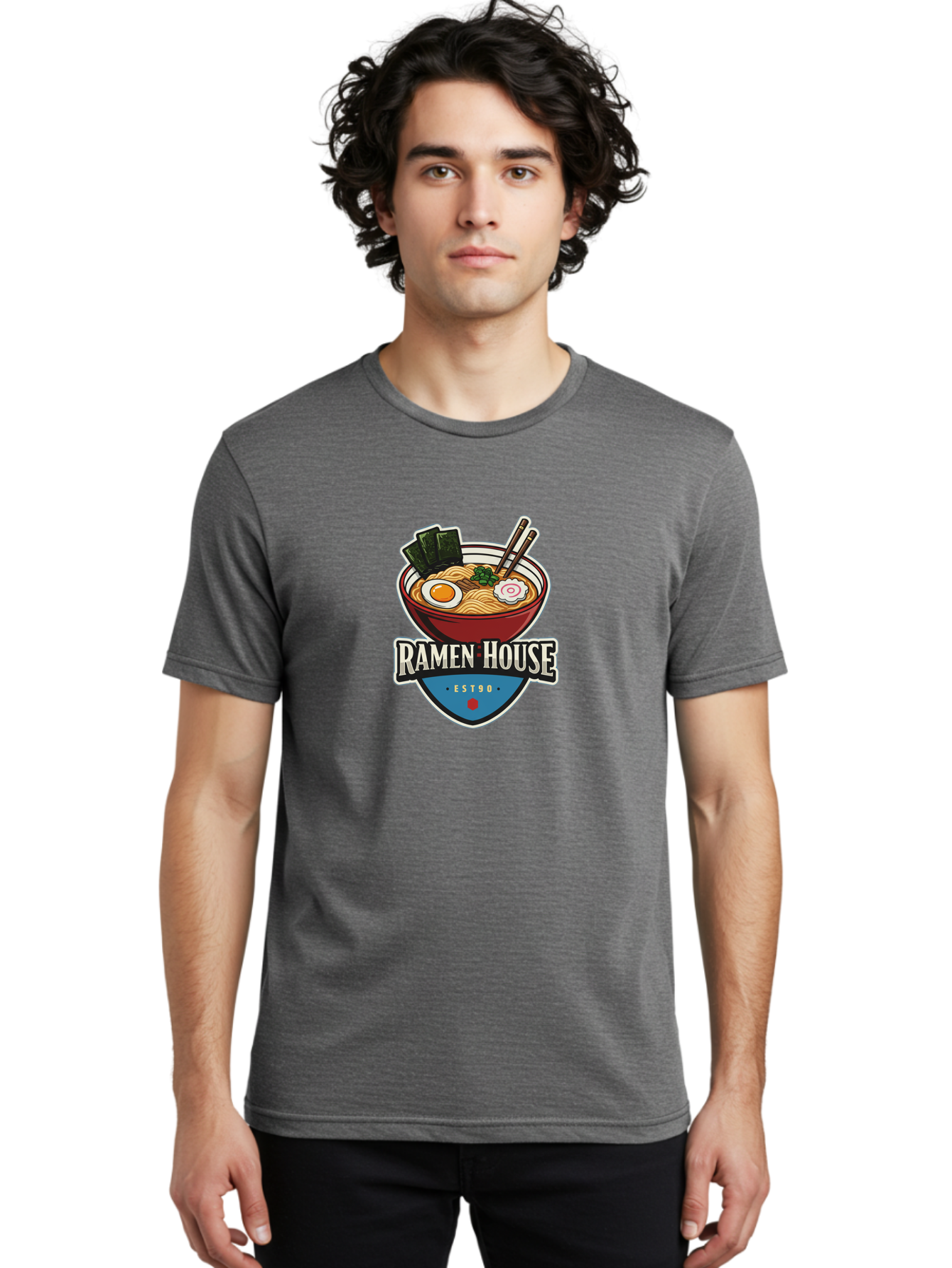 Ramen-House Men'S Graphic Tee, 100% Cotton, Comfortable Casual Summer Wear, Machine Washable, Ramen Bowl, Noodle Soup, Egg, Seaweed, Chopsticks, Japanese Cuisine, Asian Food, Ramen House, Est90, Food Logo, Restaurant Branding Bab301 6