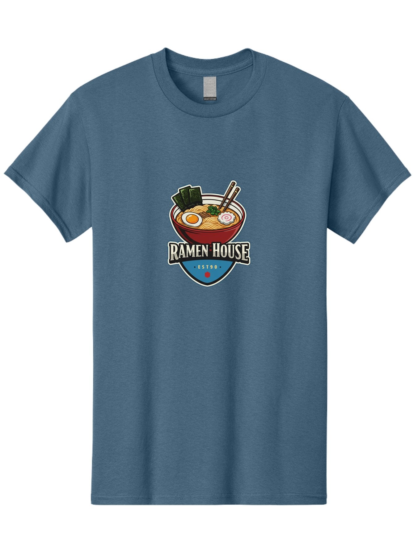 Ramen-House Men'S Graphic Tee, 100% Cotton, Comfortable Casual Summer Wear, Machine Washable, Ramen Bowl, Noodle Soup, Egg, Seaweed, Chopsticks, Japanese Cuisine, Asian Food, Ramen House, Est90, Food Logo, Restaurant Branding Bab301 3