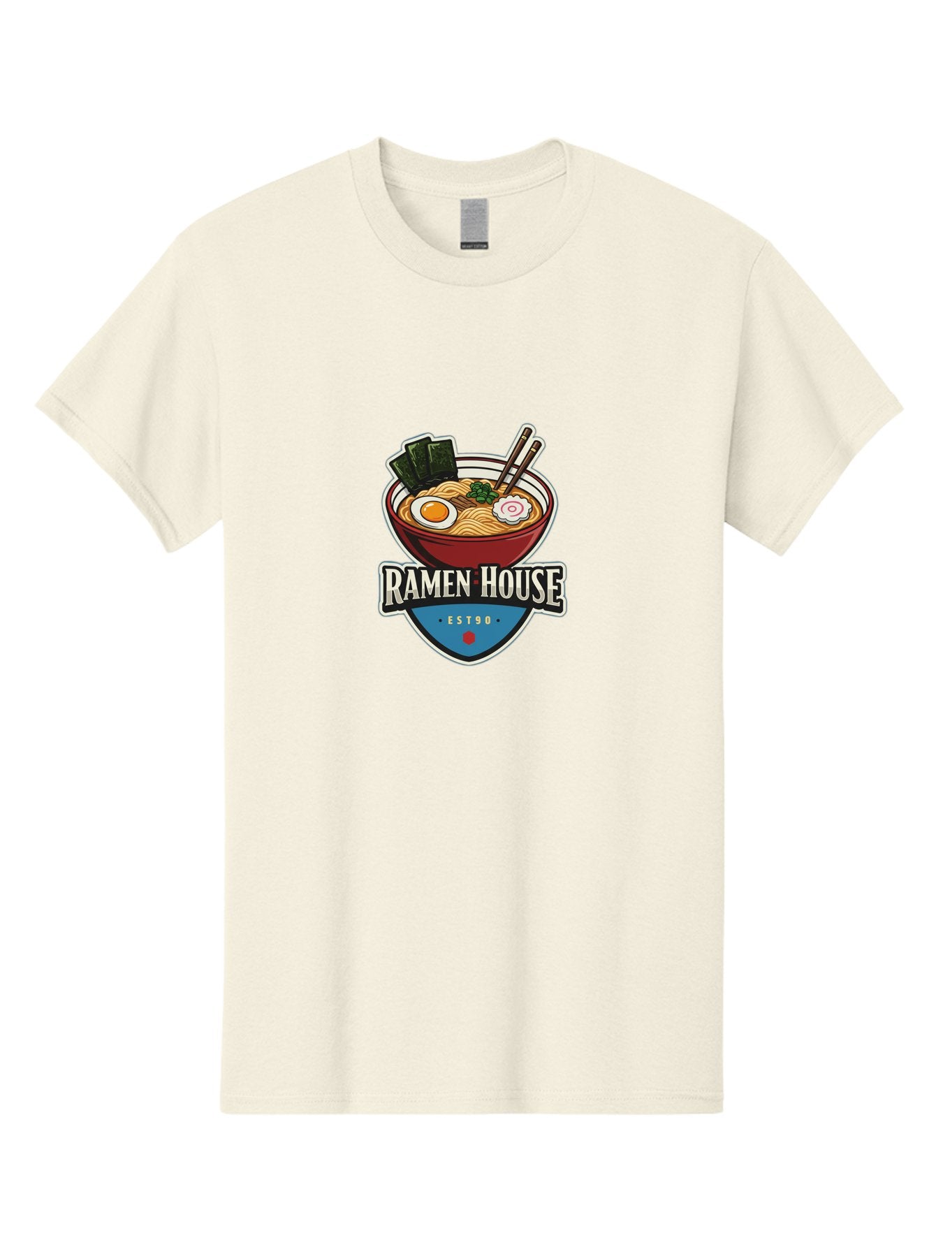 Ramen-House Men'S Graphic Tee, 100% Cotton, Comfortable Casual Summer Wear, Machine Washable, Ramen Bowl, Noodle Soup, Egg, Seaweed, Chopsticks, Japanese Cuisine, Asian Food, Ramen House, Est90, Food Logo, Restaurant Branding Bab301 11