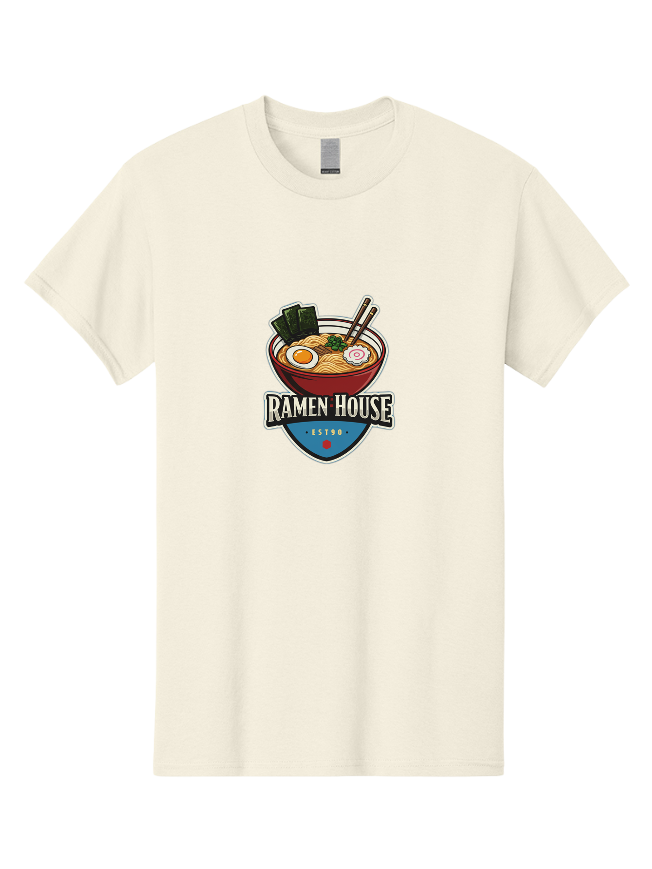 Ramen-House Men'S Graphic Tee, 100% Cotton, Comfortable Casual Summer Wear, Machine Washable, Ramen Bowl, Noodle Soup, Egg, Seaweed, Chopsticks, Japanese Cuisine, Asian Food, Ramen House, Est90, Food Logo, Restaurant Branding Bab301 7