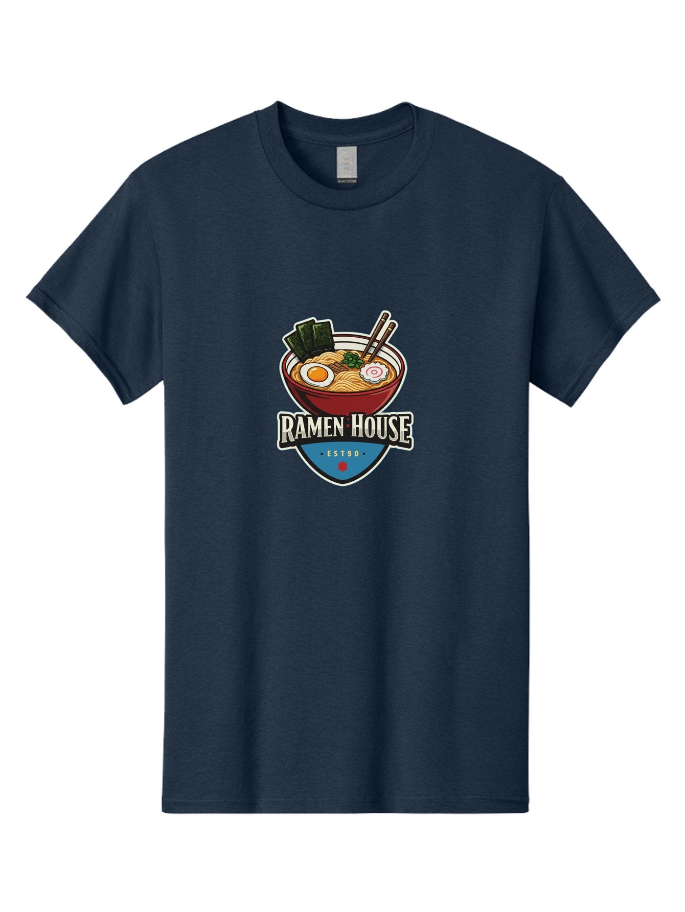Ramen-House Men'S Graphic Tee, 100% Cotton, Comfortable Casual Summer Wear, Machine Washable, Ramen Bowl, Noodle Soup, Egg, Seaweed, Chopsticks, Japanese Cuisine, Asian Food, Ramen House, Est90, Food Logo, Restaurant Branding Bab301 9