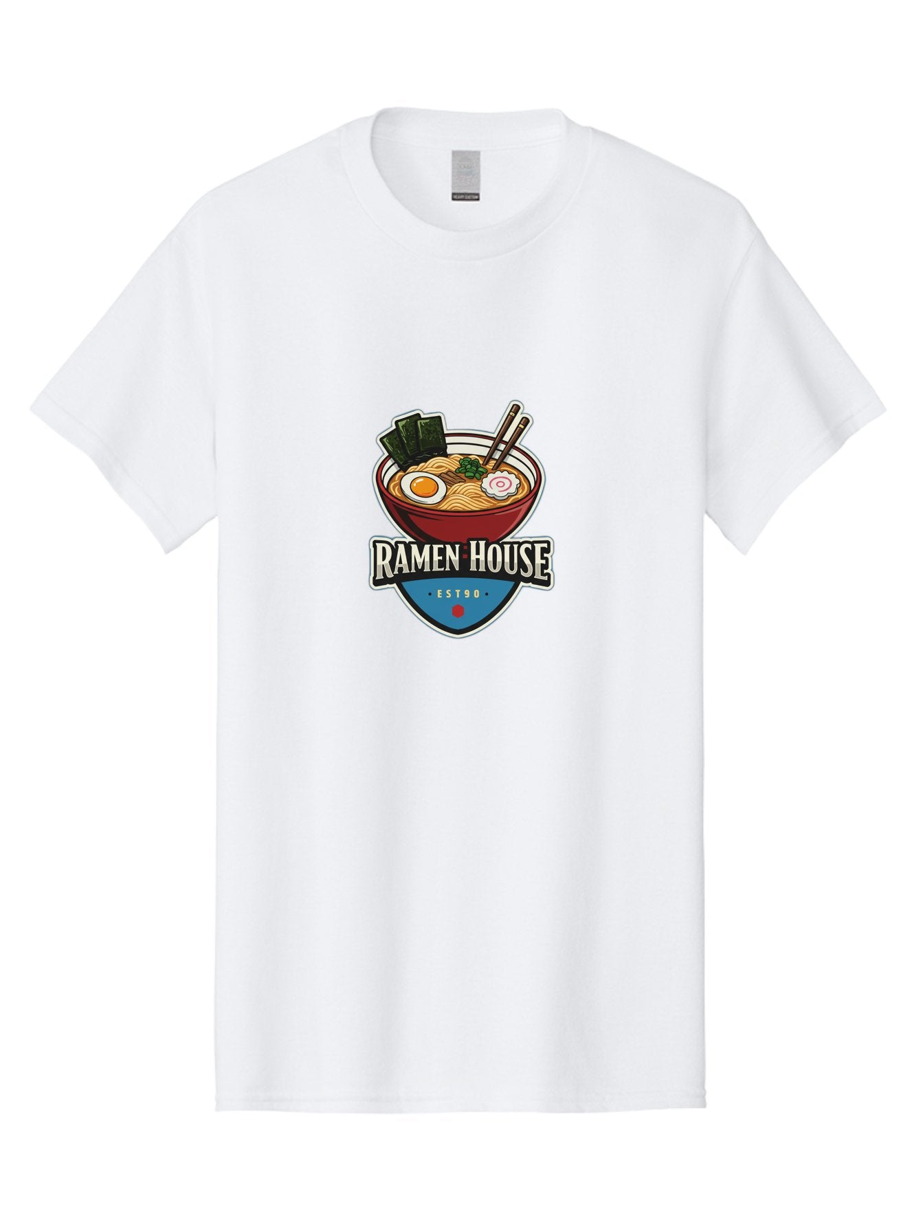 Ramen-House Men'S Graphic Tee, 100% Cotton, Comfortable Casual Summer Wear, Machine Washable, Ramen Bowl, Noodle Soup, Egg, Seaweed, Chopsticks, Japanese Cuisine, Asian Food, Ramen House, Est90, Food Logo, Restaurant Branding Bab301