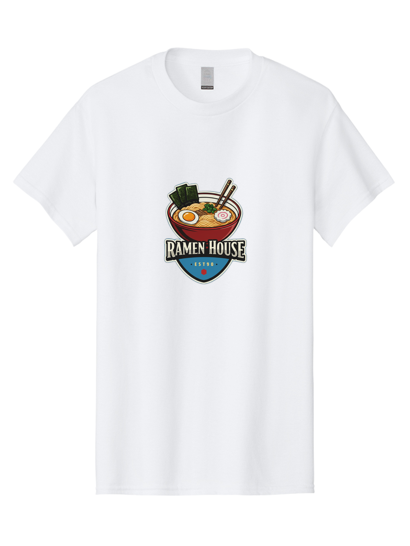 Ramen-House Men'S Graphic Tee, 100% Cotton, Comfortable Casual Summer Wear, Machine Washable, Ramen Bowl, Noodle Soup, Egg, Seaweed, Chopsticks, Japanese Cuisine, Asian Food, Ramen House, Est90, Food Logo, Restaurant Branding Bab301 19