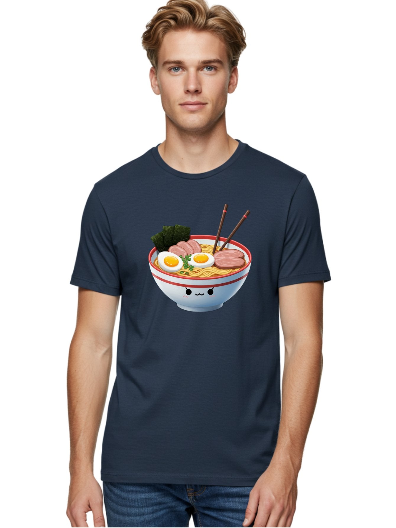 Ramen-Noodle-Bowl-1 Men'S Graphic Tee, 100% Cotton, Comfortable Casual Summer Wear, Machine Washable, Steaming Hot Ramen, Japanese Cuisine, Egg And Meat Toppings, Boiled Egg, Sliced Pork, Seaweed, Chopsticks, Kawaii Culture, Noodle Soup, Bab303 22
