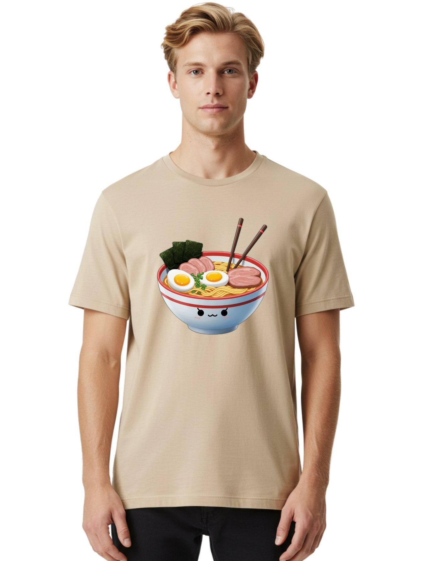 Ramen-Noodle-Bowl-1 Men'S Graphic Tee, 100% Cotton, Comfortable Casual Summer Wear, Machine Washable, Steaming Hot Ramen, Japanese Cuisine, Egg And Meat Toppings, Boiled Egg, Sliced Pork, Seaweed, Chopsticks, Kawaii Culture, Noodle Soup, Bab303 30