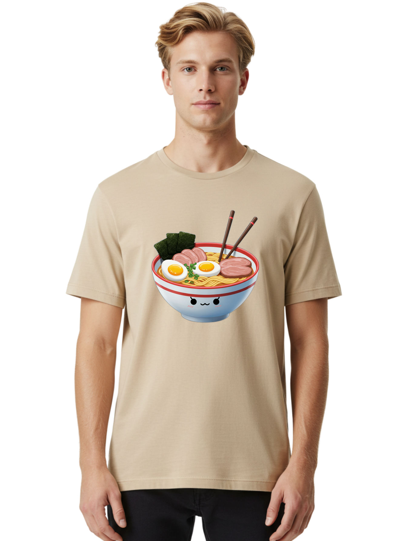Ramen-Noodle-Bowl-1 Men'S Graphic Tee, 100% Cotton, Comfortable Casual Summer Wear, Machine Washable, Steaming Hot Ramen, Japanese Cuisine, Egg And Meat Toppings, Boiled Egg, Sliced Pork, Seaweed, Chopsticks, Kawaii Culture, Noodle Soup, Bab303