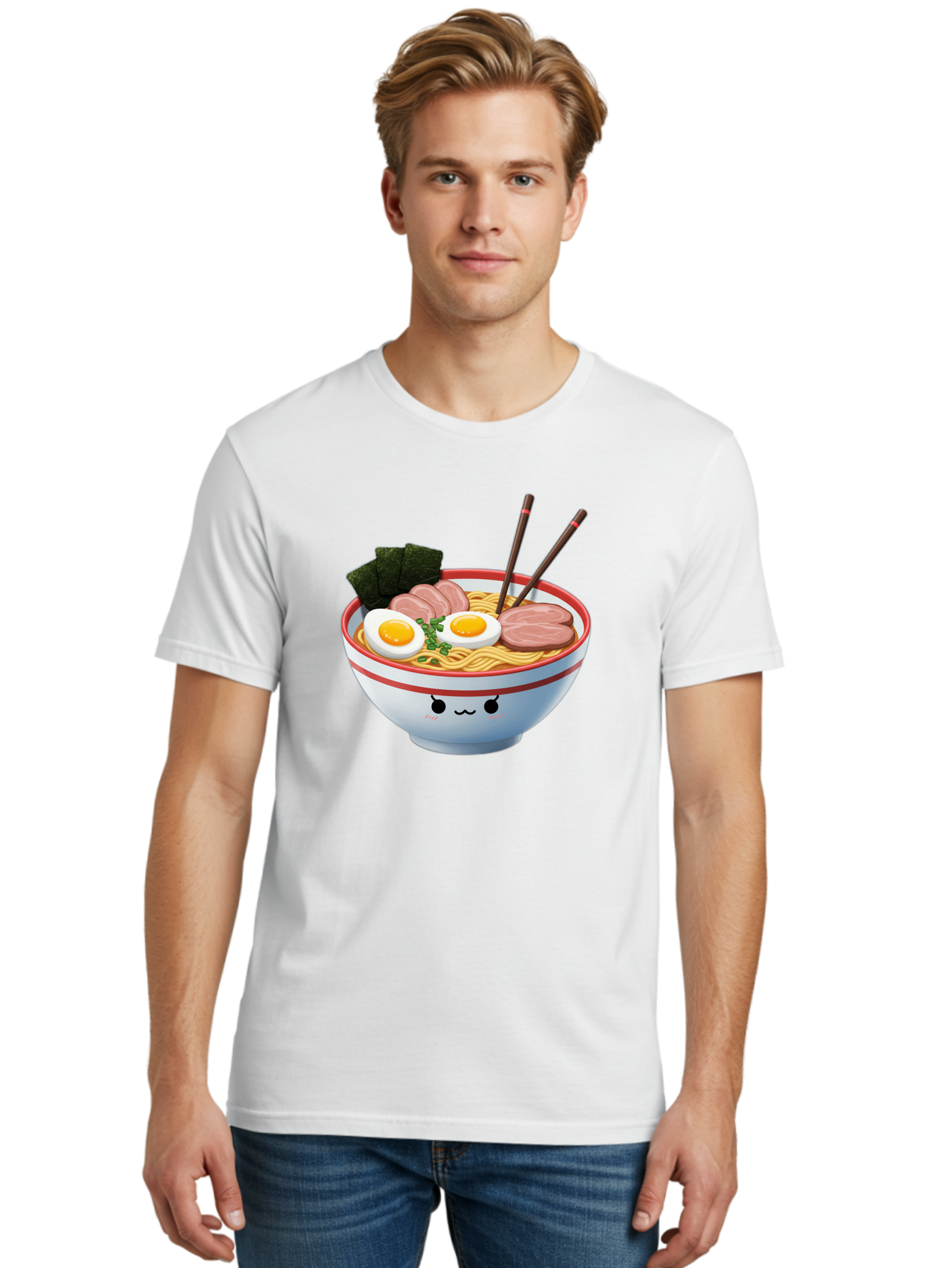 Ramen-Noodle-Bowl-1 Men'S Graphic Tee, 100% Cotton, Comfortable Casual Summer Wear, Machine Washable, Steaming Hot Ramen, Japanese Cuisine, Egg And Meat Toppings, Boiled Egg, Sliced Pork, Seaweed, Chopsticks, Kawaii Culture, Noodle Soup, Bab303 14