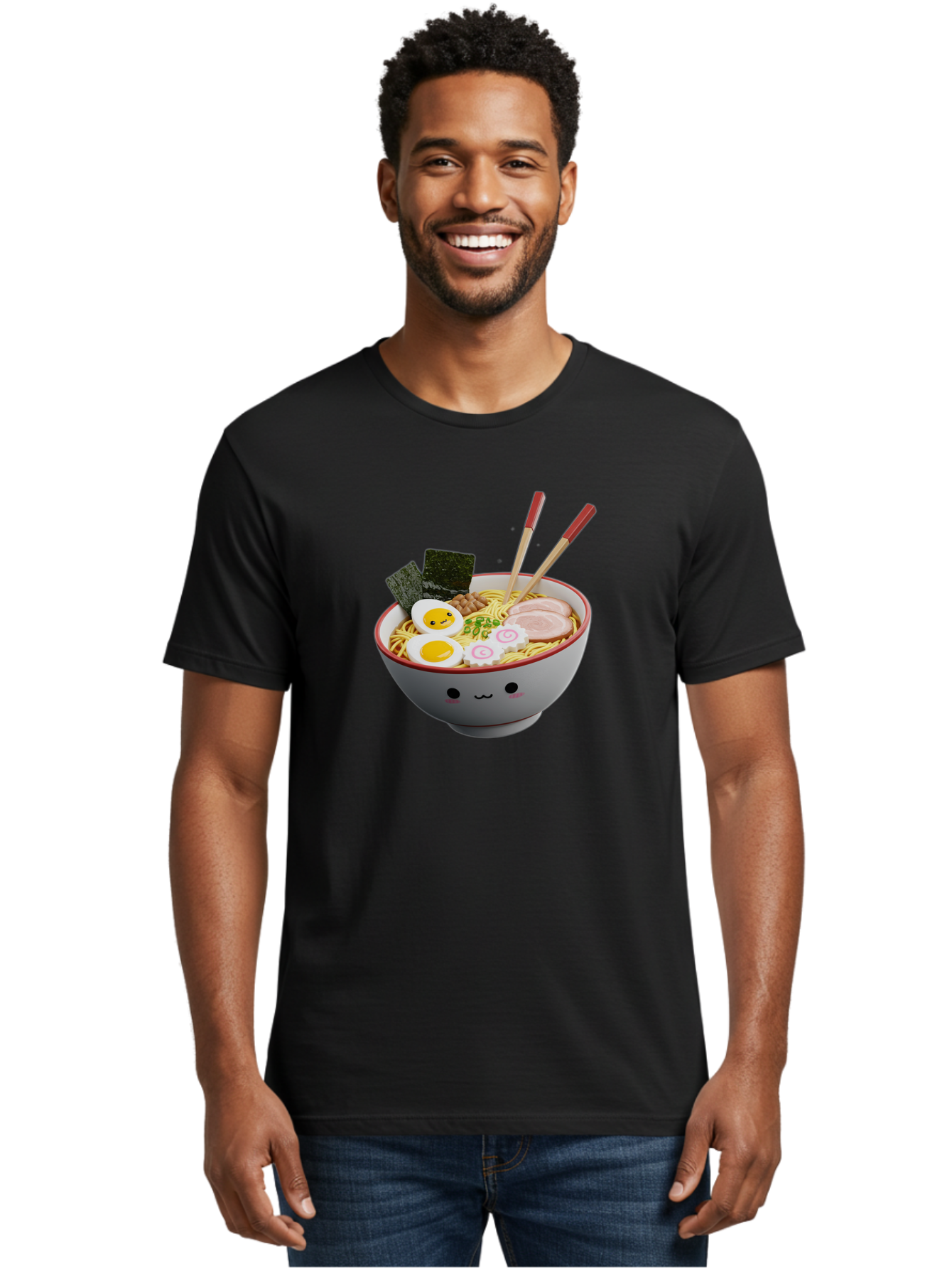 Ramen-Noodle-Bowl-2 Men'S Graphic Tee, 100% Cotton, Comfortable Casual Summer Wear, Machine Washable, Delicious Ramen, Steaming Hot Noodles, Boiled Egg, Sliced Pork, Seaweed, Chopsticks, Cartoon Bowl, Kawaii Food, Japanese Cuisine, Bab304
