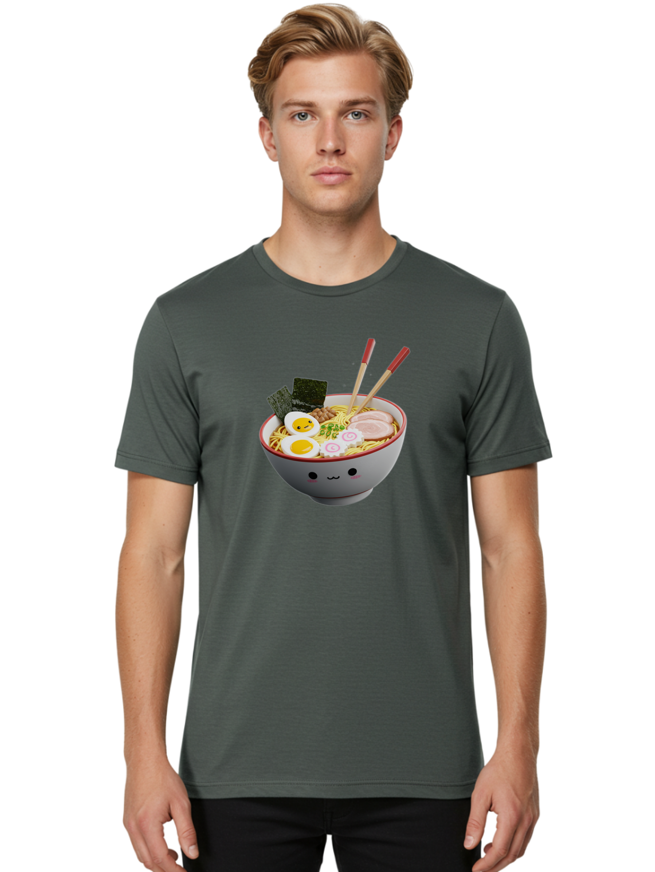 Ramen-Noodle-Bowl-2 Men'S Graphic Tee, 100% Cotton, Comfortable Casual Summer Wear, Machine Washable, Delicious Ramen, Steaming Hot Noodles, Boiled Egg, Sliced Pork, Seaweed, Chopsticks, Cartoon Bowl, Kawaii Food, Japanese Cuisine, Bab304 4