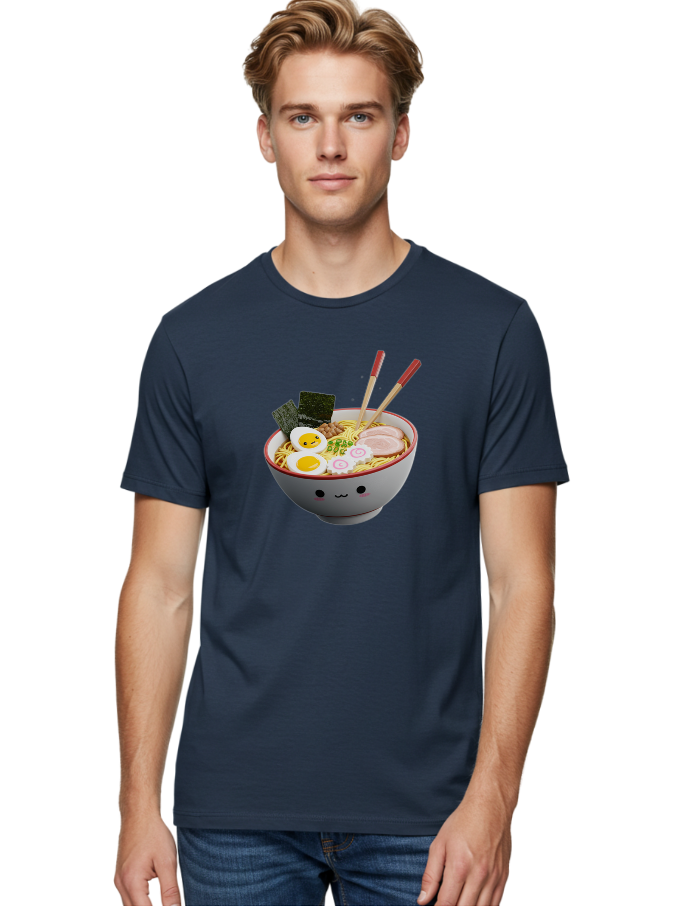 Ramen-Noodle-Bowl-2 Men'S Graphic Tee, 100% Cotton, Comfortable Casual Summer Wear, Machine Washable, Delicious Ramen, Steaming Hot Noodles, Boiled Egg, Sliced Pork, Seaweed, Chopsticks, Cartoon Bowl, Kawaii Food, Japanese Cuisine, Bab304 30
