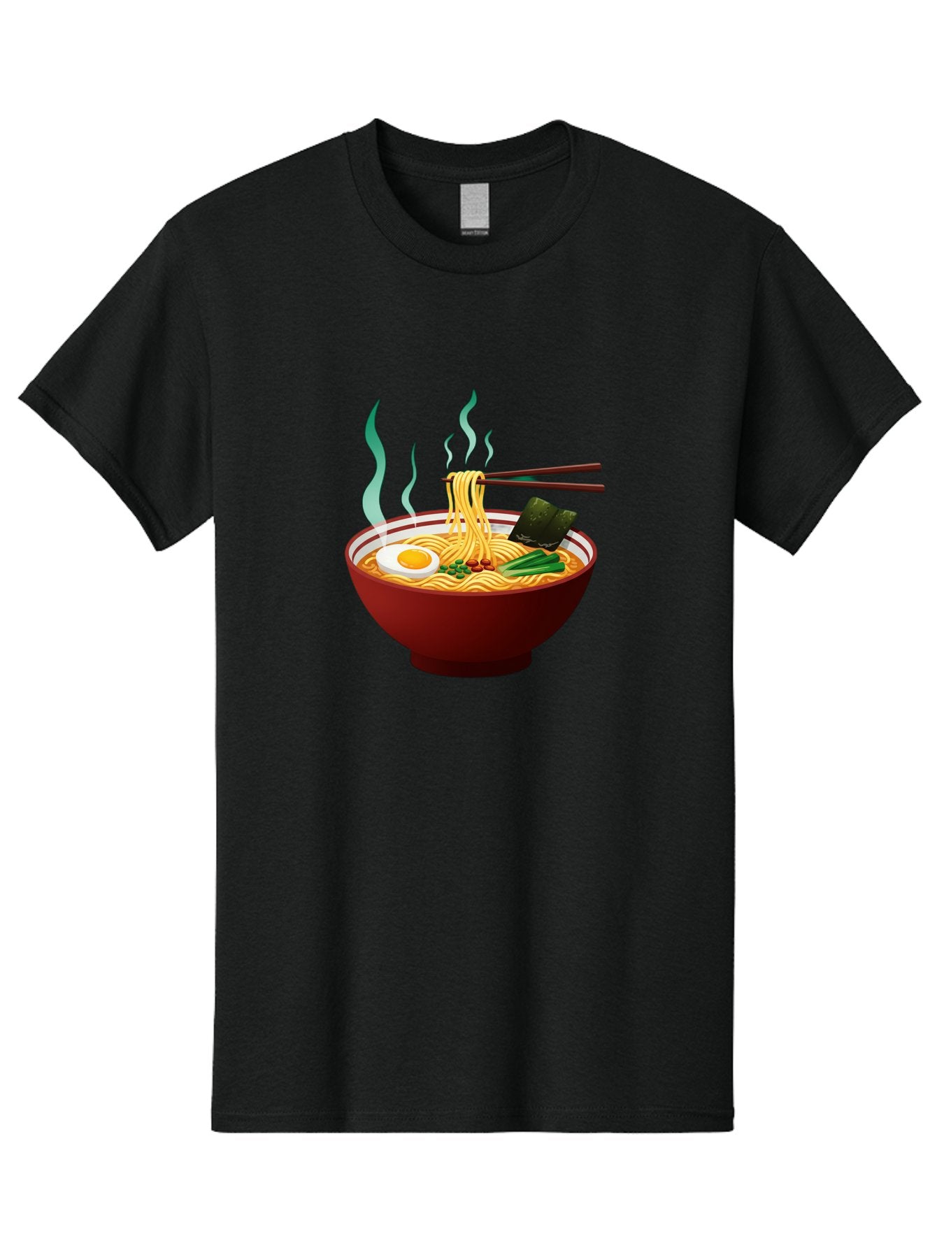 Ramen-Noodle-Bowl-3 Men'S Graphic Tee, 100% Cotton, Comfortable Casual Summer Wear, Machine Washable, Steaming Hot Ramen, Yellow Noodles, Boiled Egg, Seaweed, Green Onions, Chopsticks, Asian Cuisine, Japanese Food, Noodle Soup, Savory Dish Bab305 8