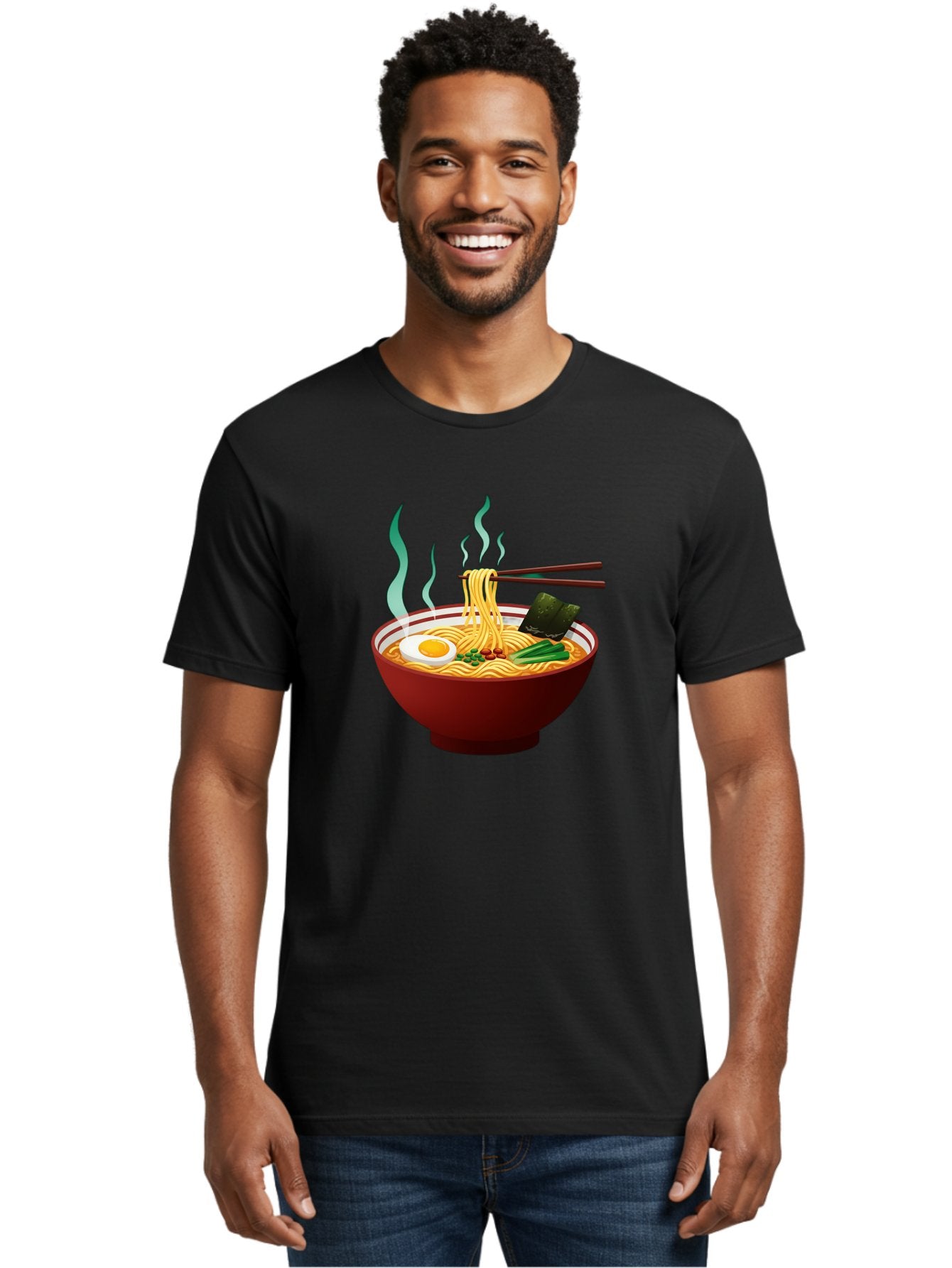 Ramen-Noodle-Bowl-3 Men'S Graphic Tee, 100% Cotton, Comfortable Casual Summer Wear, Machine Washable, Steaming Hot Ramen, Yellow Noodles, Boiled Egg, Seaweed, Green Onions, Chopsticks, Asian Cuisine, Japanese Food, Noodle Soup, Savory Dish Bab305 25