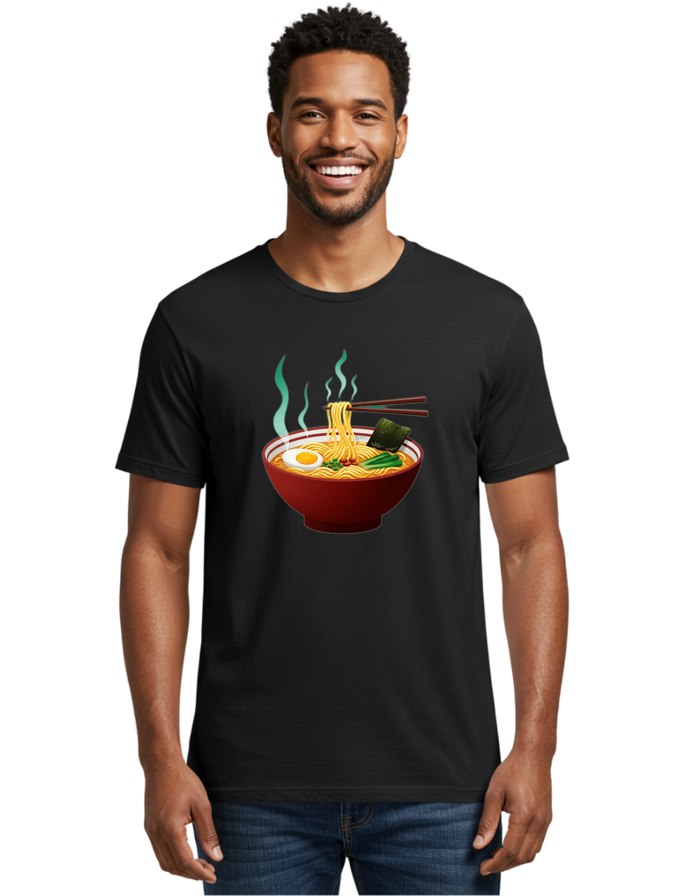 Ramen-Noodle-Bowl-3 Men'S Graphic Tee, 100% Cotton, Comfortable Casual Summer Wear, Machine Washable, Steaming Hot Ramen, Yellow Noodles, Boiled Egg, Seaweed, Green Onions, Chopsticks, Asian Cuisine, Japanese Food, Noodle Soup, Savory Dish Bab305 12