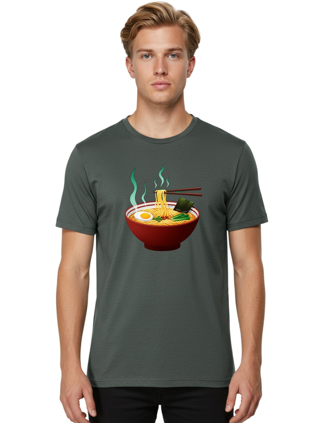 Ramen-Noodle-Bowl-3 Men'S Graphic Tee, 100% Cotton, Comfortable Casual Summer Wear, Machine Washable, Steaming Hot Ramen, Yellow Noodles, Boiled Egg, Seaweed, Green Onions, Chopsticks, Asian Cuisine, Japanese Food, Noodle Soup, Savory Dish Bab305 30