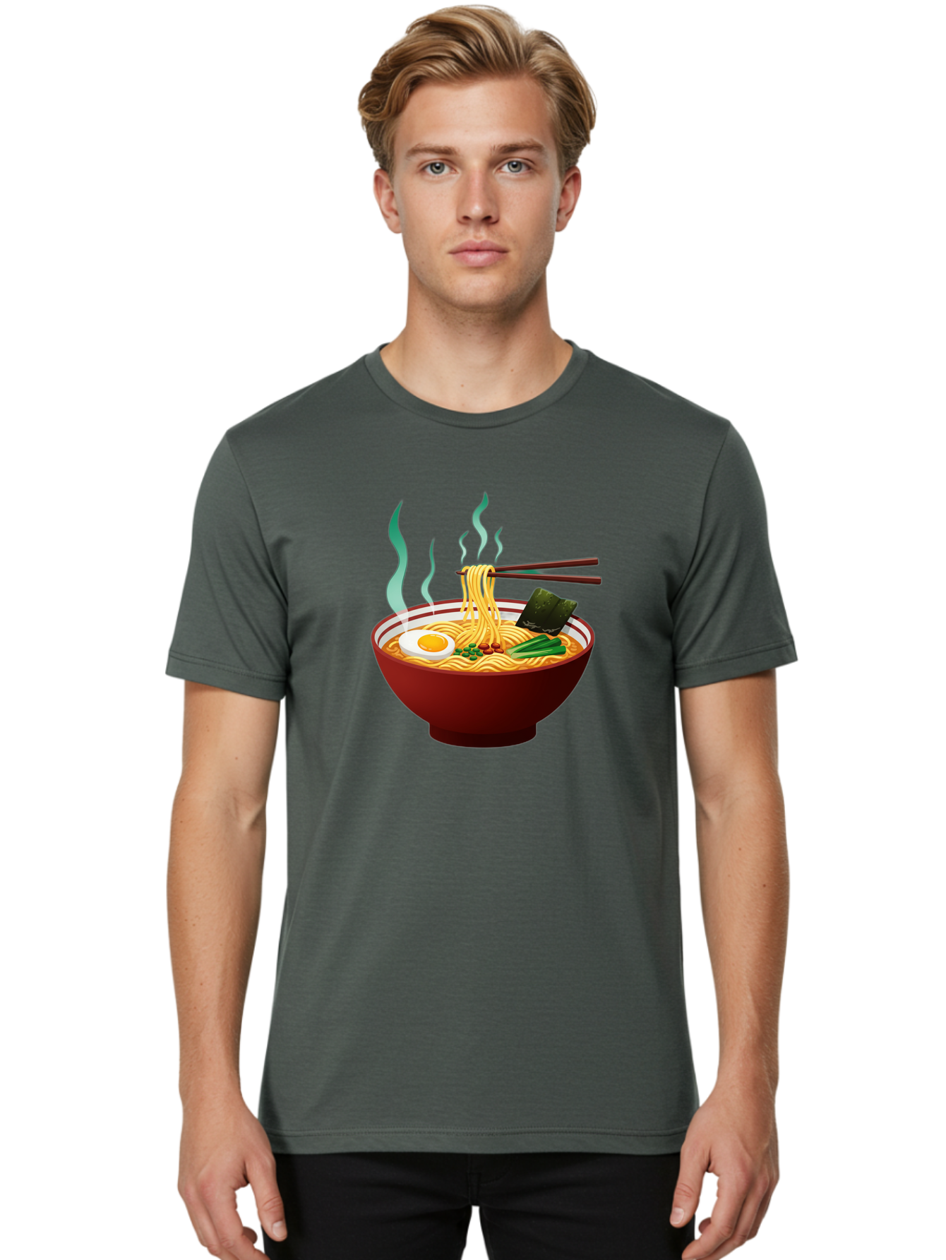 Ramen-Noodle-Bowl-3 Men'S Graphic Tee, 100% Cotton, Comfortable Casual Summer Wear, Machine Washable, Steaming Hot Ramen, Yellow Noodles, Boiled Egg, Seaweed, Green Onions, Chopsticks, Asian Cuisine, Japanese Food, Noodle Soup, Savory Dish Bab305