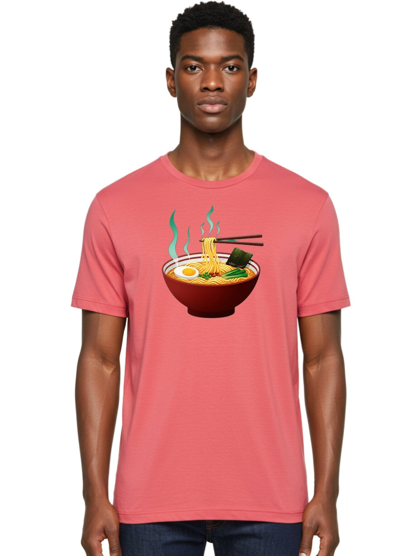 Ramen-Noodle-Bowl-3 Men'S Graphic Tee, 100% Cotton, Comfortable Casual Summer Wear, Machine Washable, Steaming Hot Ramen, Yellow Noodles, Boiled Egg, Seaweed, Green Onions, Chopsticks, Asian Cuisine, Japanese Food, Noodle Soup, Savory Dish Bab305 27