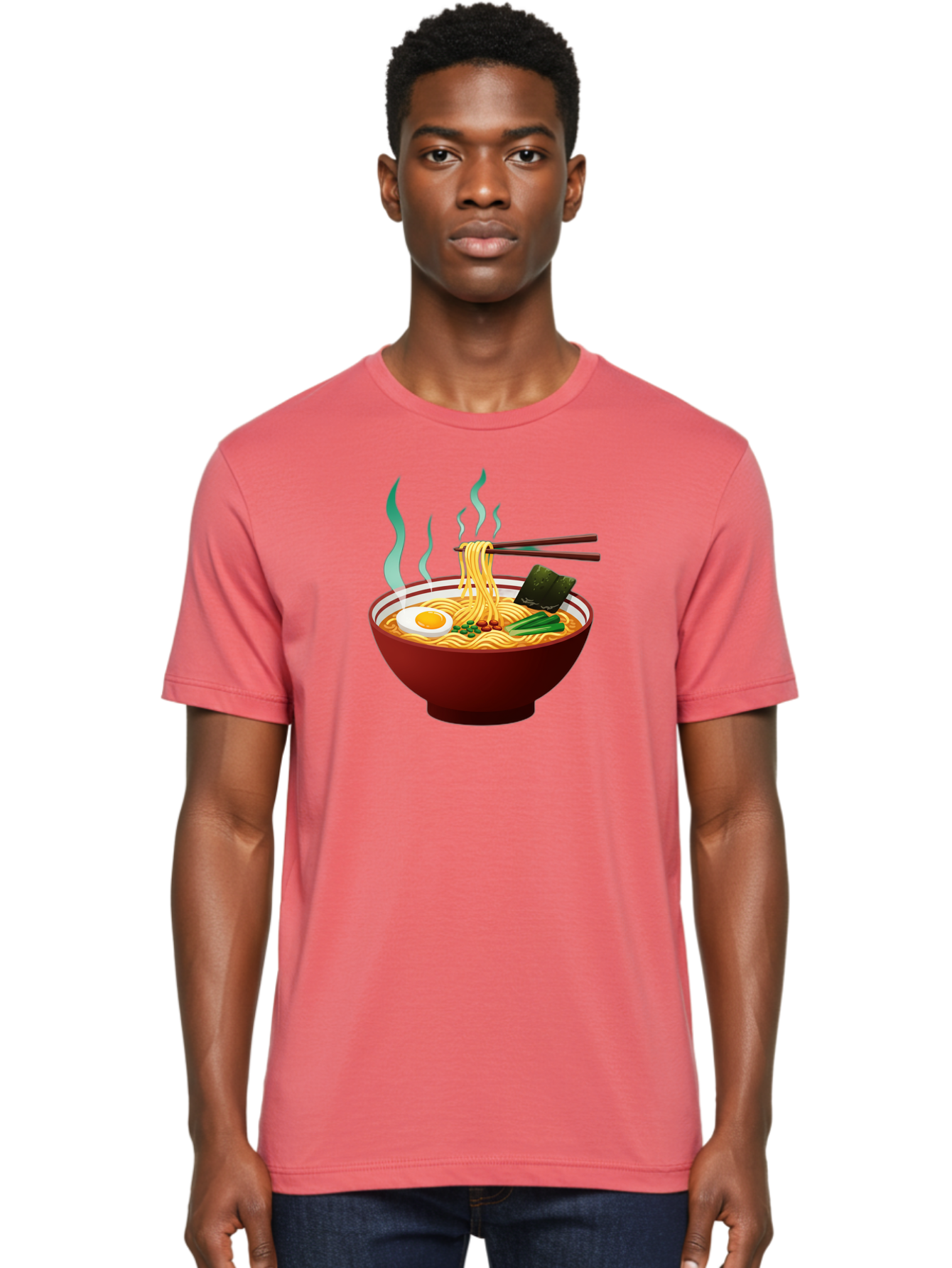 Ramen-Noodle-Bowl-3 Men'S Graphic Tee, 100% Cotton, Comfortable Casual Summer Wear, Machine Washable, Steaming Hot Ramen, Yellow Noodles, Boiled Egg, Seaweed, Green Onions, Chopsticks, Asian Cuisine, Japanese Food, Noodle Soup, Savory Dish Bab305 8