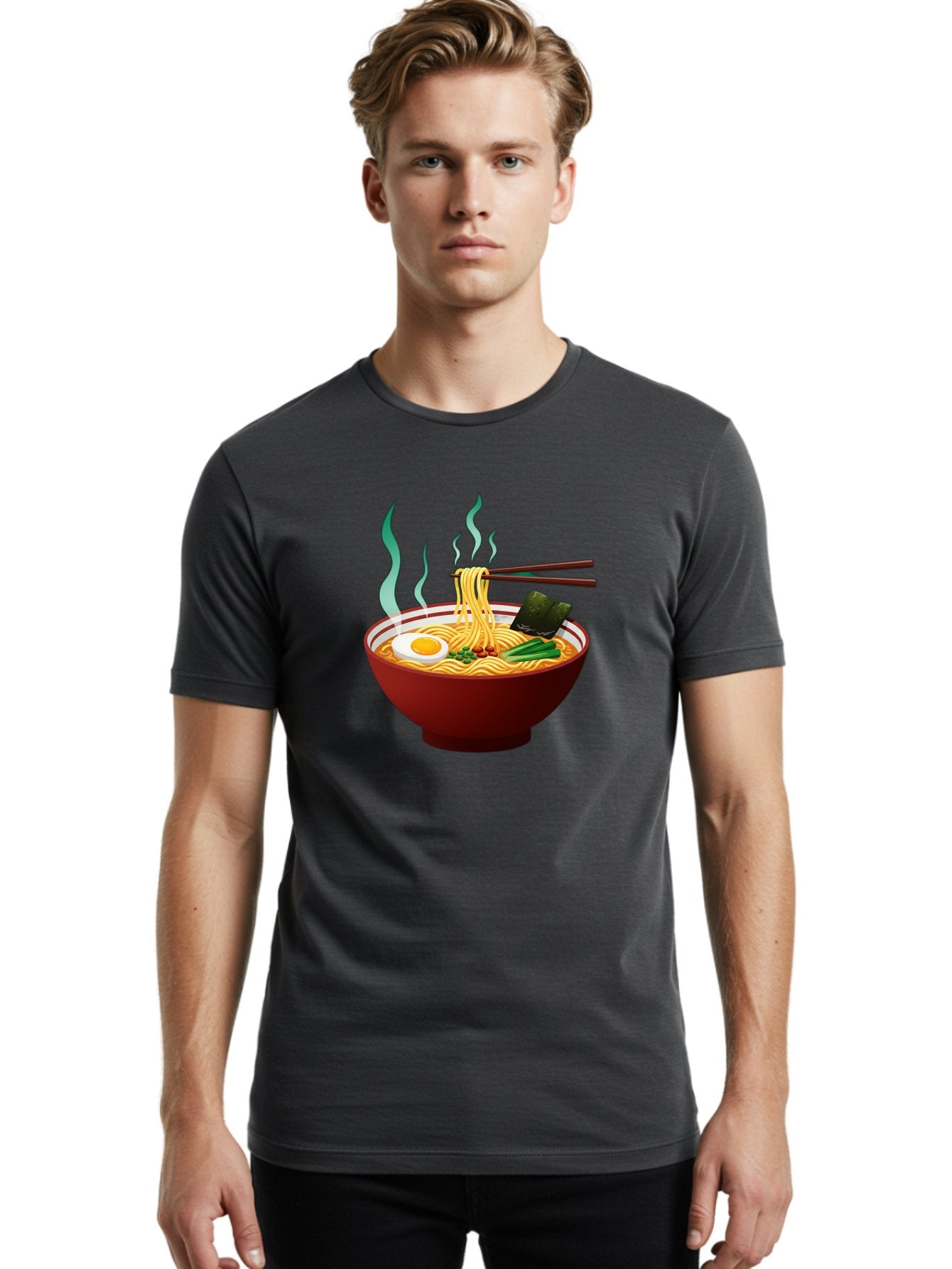 Ramen-Noodle-Bowl-3 Men'S Graphic Tee, 100% Cotton, Comfortable Casual Summer Wear, Machine Washable, Steaming Hot Ramen, Yellow Noodles, Boiled Egg, Seaweed, Green Onions, Chopsticks, Asian Cuisine, Japanese Food, Noodle Soup, Savory Dish Bab305 24