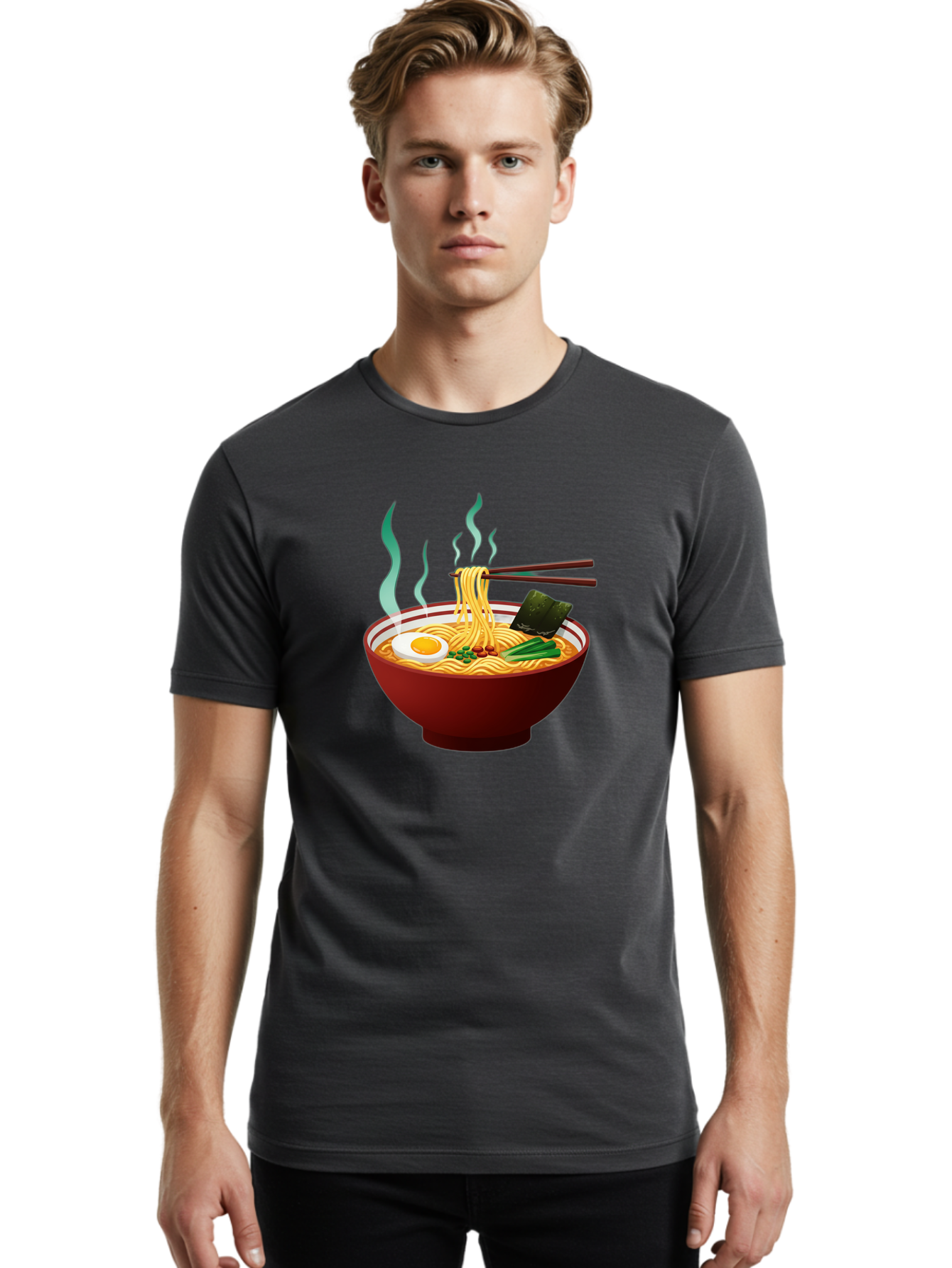 Ramen-Noodle-Bowl-3 Men'S Graphic Tee, 100% Cotton, Comfortable Casual Summer Wear, Machine Washable, Steaming Hot Ramen, Yellow Noodles, Boiled Egg, Seaweed, Green Onions, Chopsticks, Asian Cuisine, Japanese Food, Noodle Soup, Savory Dish Bab305 14
