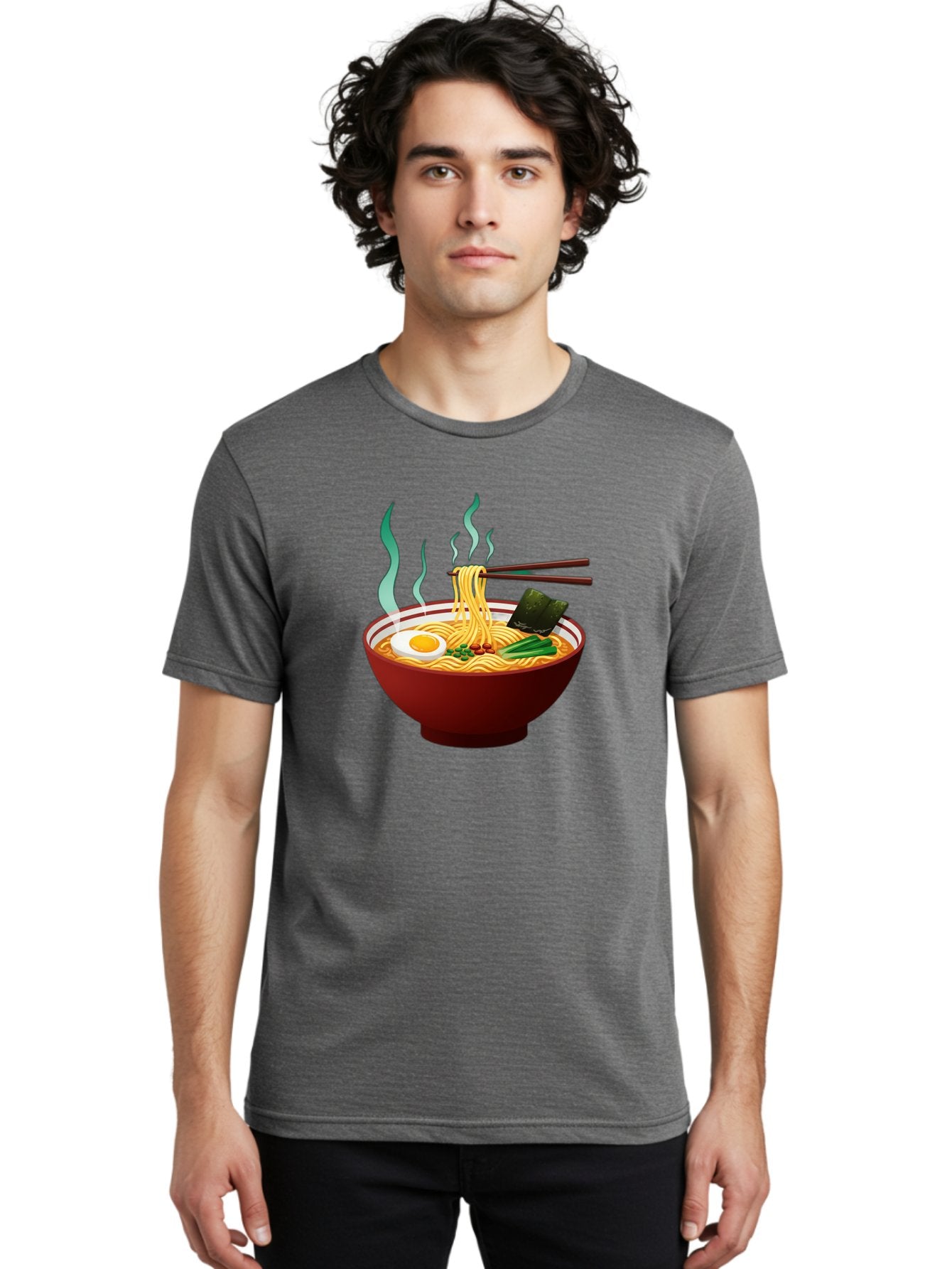 Ramen-Noodle-Bowl-3 Men'S Graphic Tee, 100% Cotton, Comfortable Casual Summer Wear, Machine Washable, Steaming Hot Ramen, Yellow Noodles, Boiled Egg, Seaweed, Green Onions, Chopsticks, Asian Cuisine, Japanese Food, Noodle Soup, Savory Dish Bab305 16