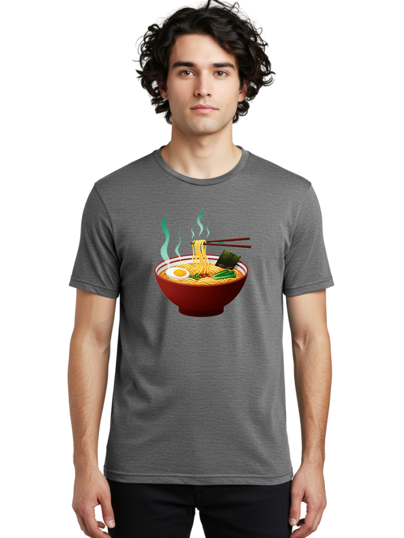 Ramen-Noodle-Bowl-3 Men'S Graphic Tee, 100% Cotton, Comfortable Casual Summer Wear, Machine Washable, Steaming Hot Ramen, Yellow Noodles, Boiled Egg, Seaweed, Green Onions, Chopsticks, Asian Cuisine, Japanese Food, Noodle Soup, Savory Dish Bab305 26