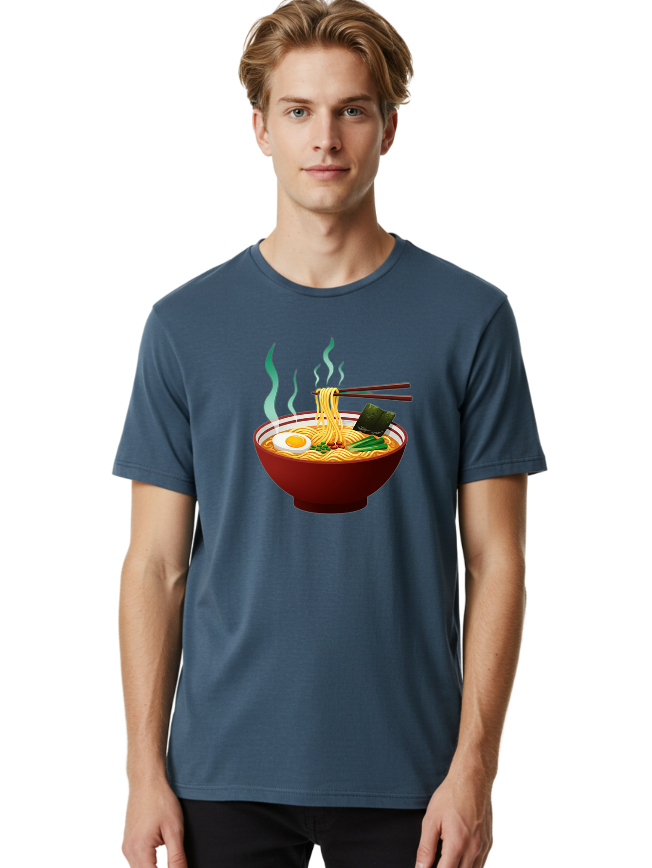 Ramen-Noodle-Bowl-3 Men'S Graphic Tee, 100% Cotton, Comfortable Casual Summer Wear, Machine Washable, Steaming Hot Ramen, Yellow Noodles, Boiled Egg, Seaweed, Green Onions, Chopsticks, Asian Cuisine, Japanese Food, Noodle Soup, Savory Dish Bab305 16