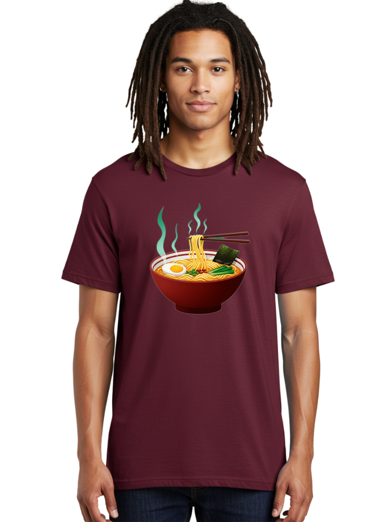 Ramen-Noodle-Bowl-3 Men'S Graphic Tee, 100% Cotton, Comfortable Casual Summer Wear, Machine Washable, Steaming Hot Ramen, Yellow Noodles, Boiled Egg, Seaweed, Green Onions, Chopsticks, Asian Cuisine, Japanese Food, Noodle Soup, Savory Dish Bab305 6