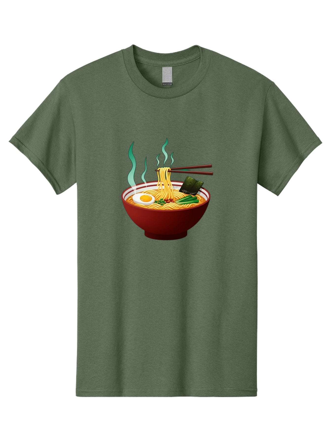 Ramen-Noodle-Bowl-3 Men'S Graphic Tee, 100% Cotton, Comfortable Casual Summer Wear, Machine Washable, Steaming Hot Ramen, Yellow Noodles, Boiled Egg, Seaweed, Green Onions, Chopsticks, Asian Cuisine, Japanese Food, Noodle Soup, Savory Dish Bab305 9