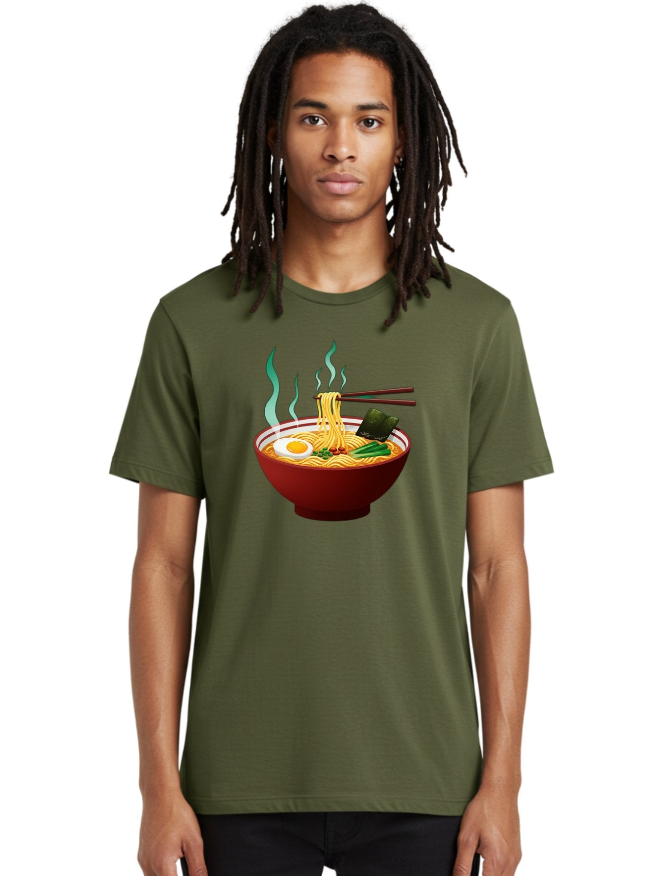 Ramen-Noodle-Bowl-3 Men'S Graphic Tee, 100% Cotton, Comfortable Casual Summer Wear, Machine Washable, Steaming Hot Ramen, Yellow Noodles, Boiled Egg, Seaweed, Green Onions, Chopsticks, Asian Cuisine, Japanese Food, Noodle Soup, Savory Dish Bab305 26