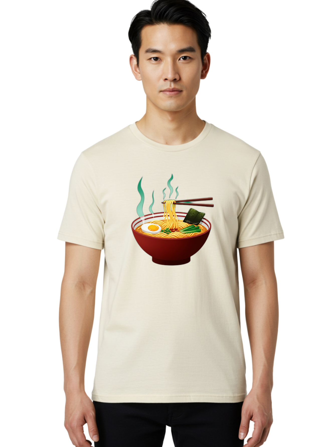 Ramen-Noodle-Bowl-3 Men'S Graphic Tee, 100% Cotton, Comfortable Casual Summer Wear, Machine Washable, Steaming Hot Ramen, Yellow Noodles, Boiled Egg, Seaweed, Green Onions, Chopsticks, Asian Cuisine, Japanese Food, Noodle Soup, Savory Dish Bab305 24